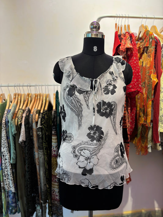 Ruffle neck paisley top
