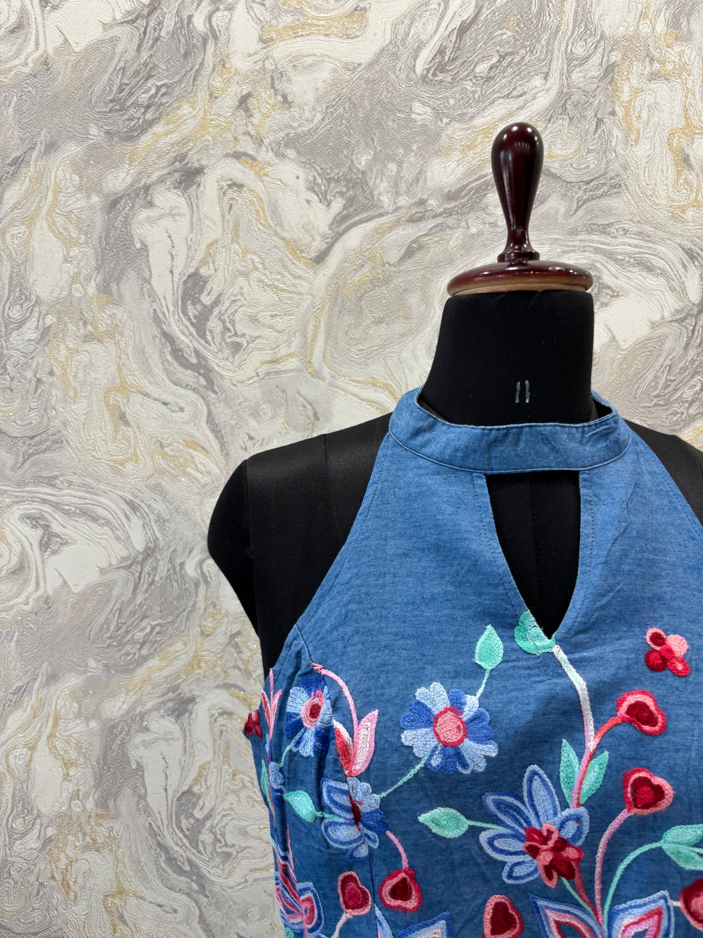 Embroidered denim top