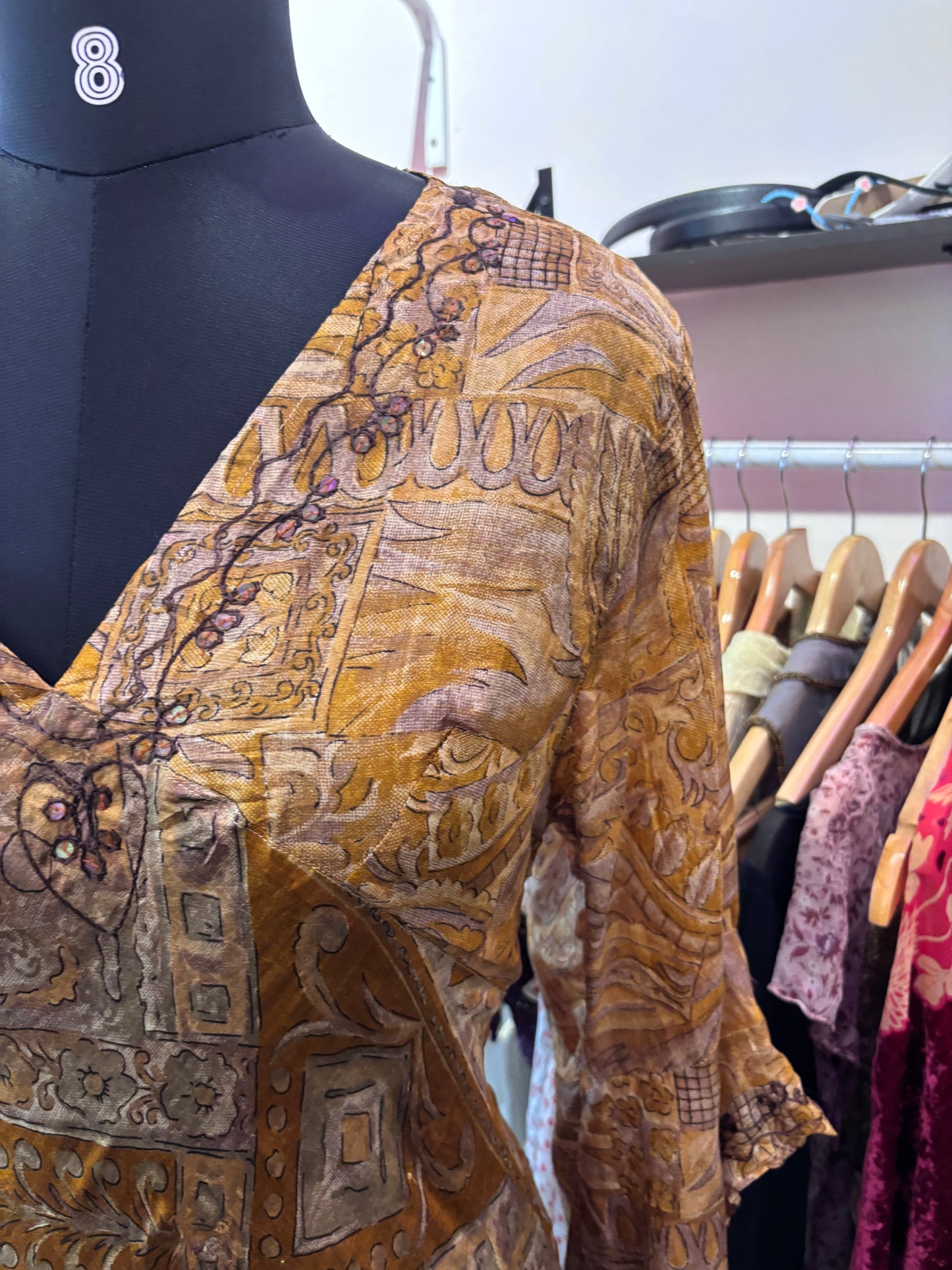 Golden hour silk dress with flared sleeves