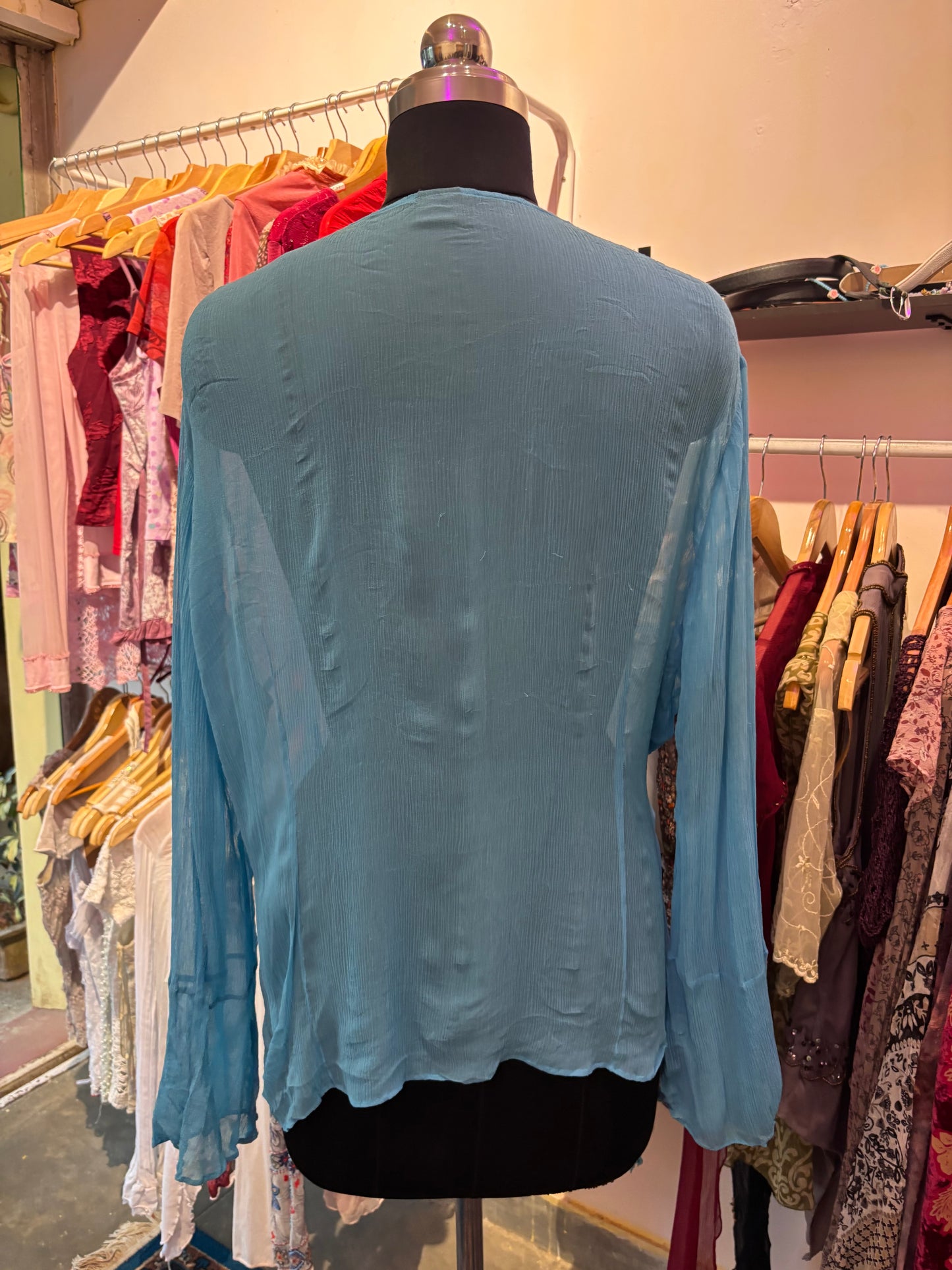Blue embroidered wrap silk top
