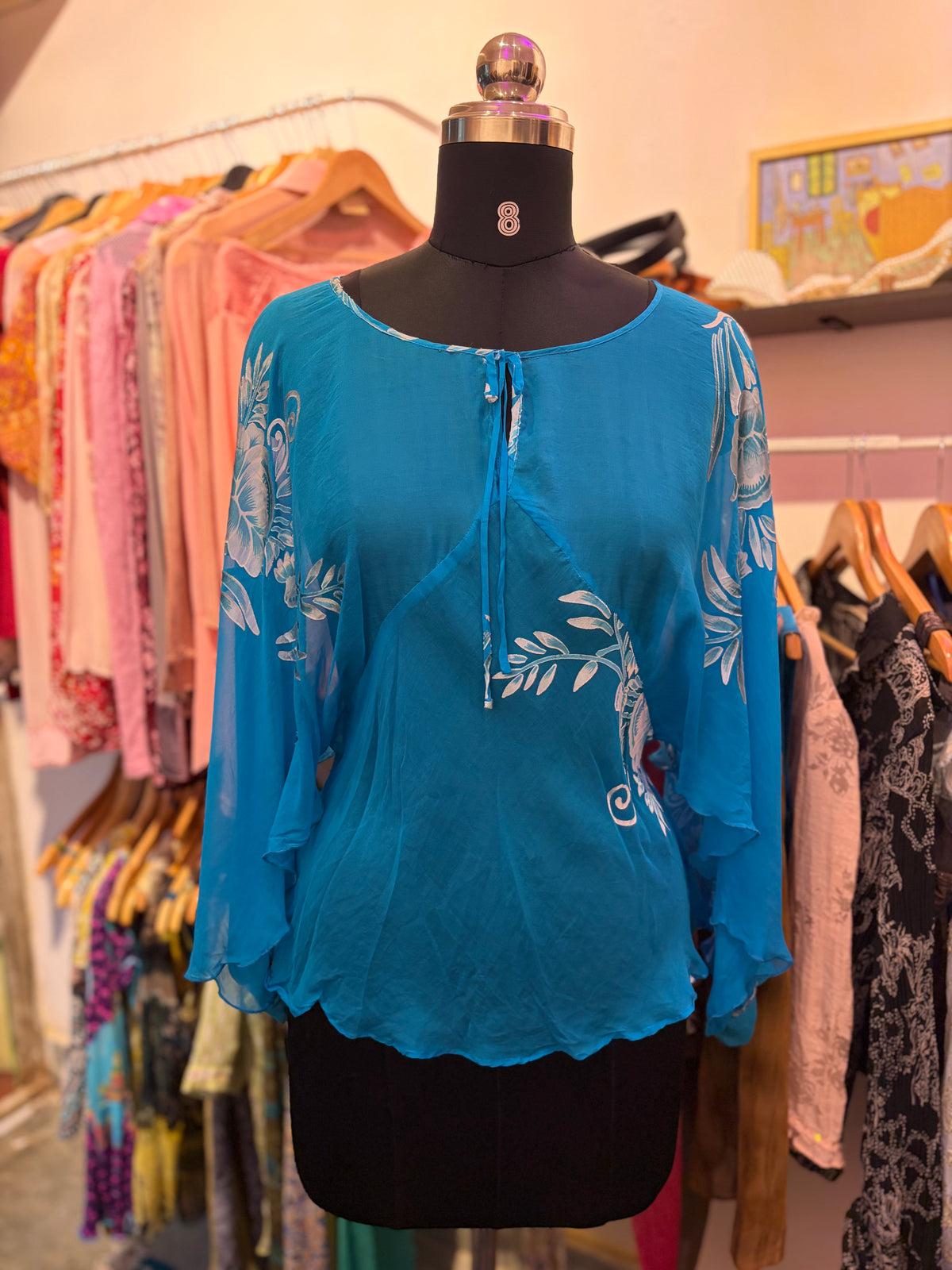 Rare find! Blue rose flared sleeves 100 percent silk top
