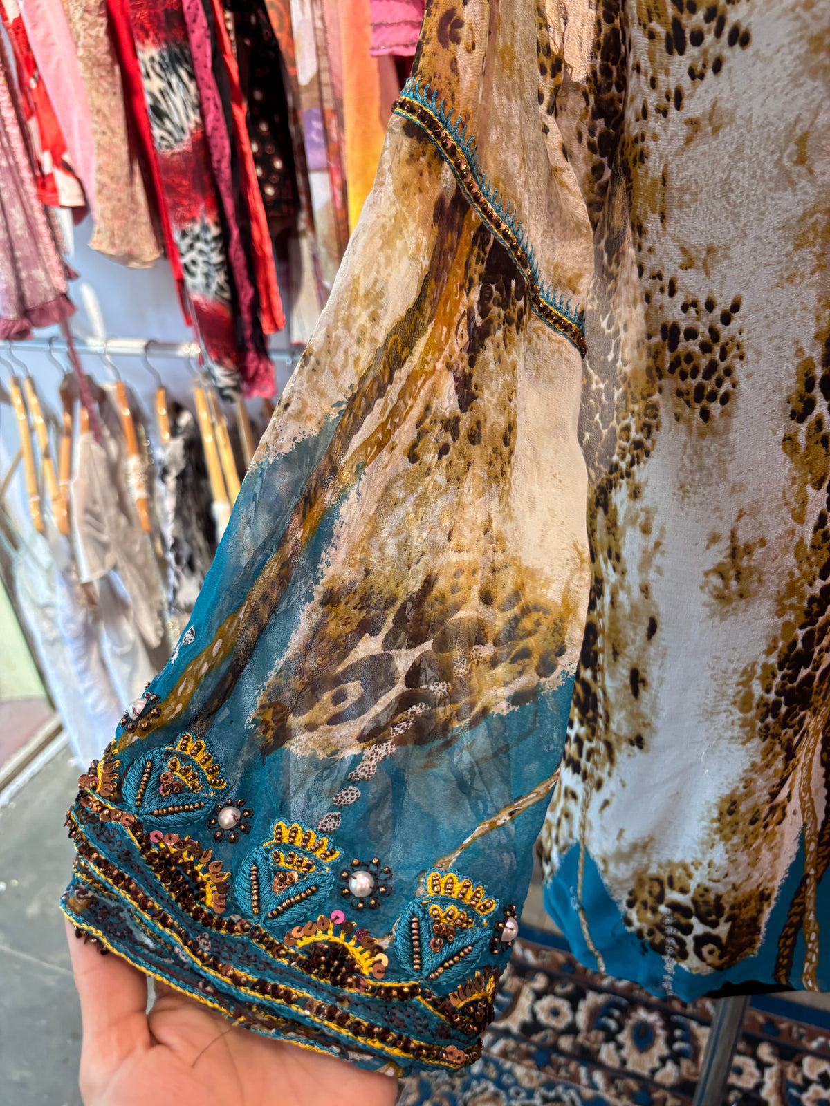 Rare find! Leopard with embroidery beads silk top