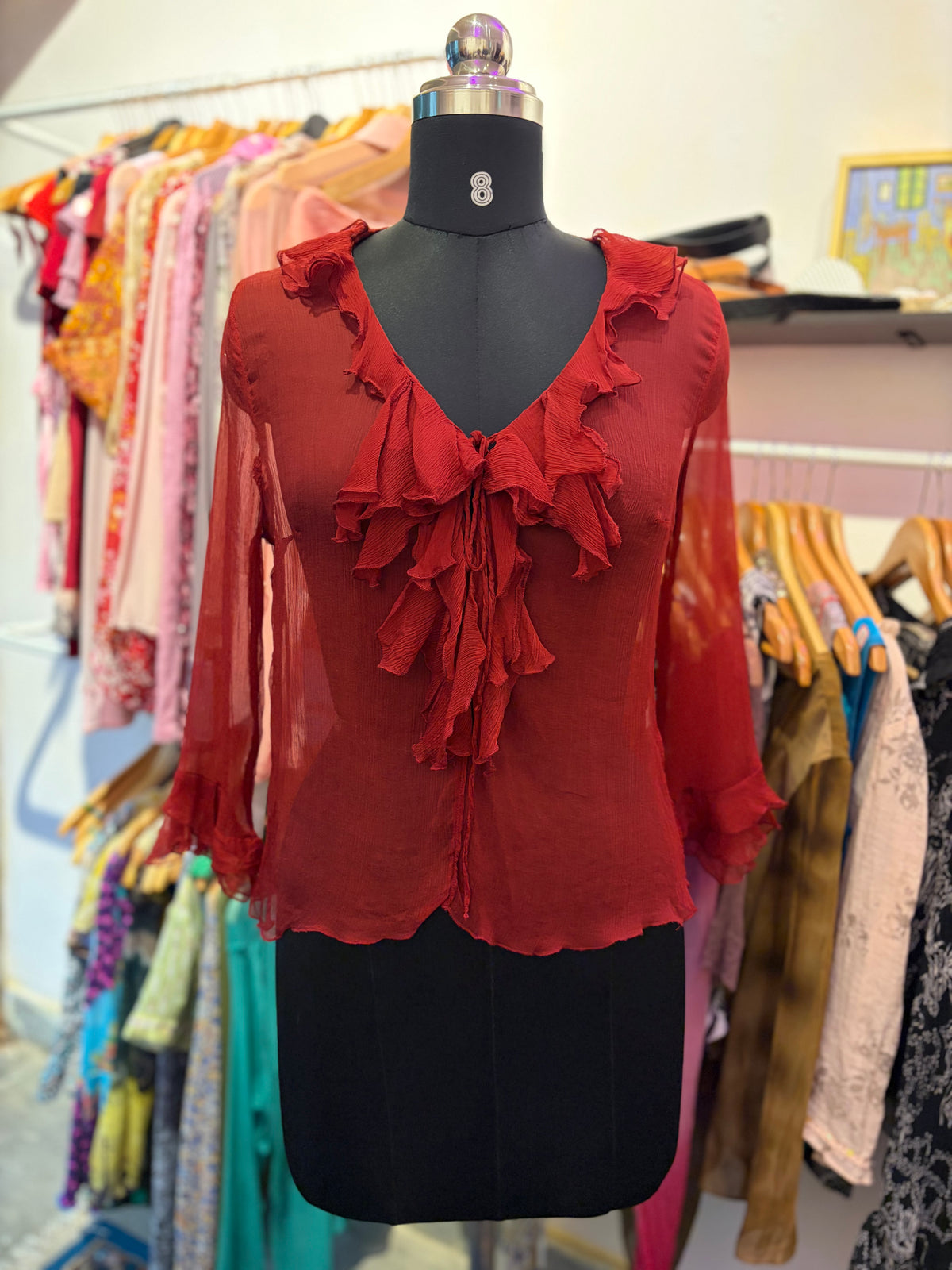 Red ruffle silk top