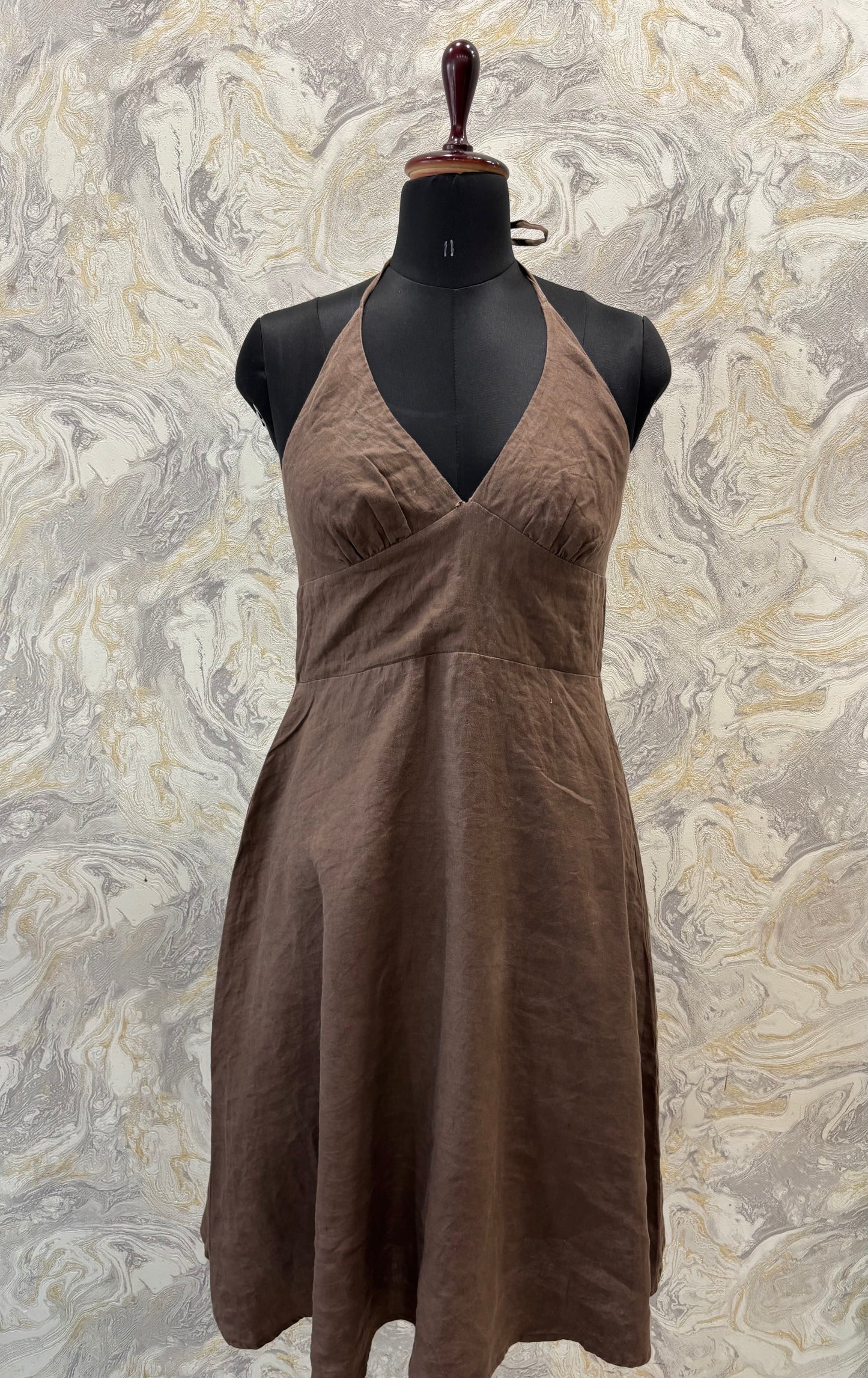 Brown halter neck linen dress