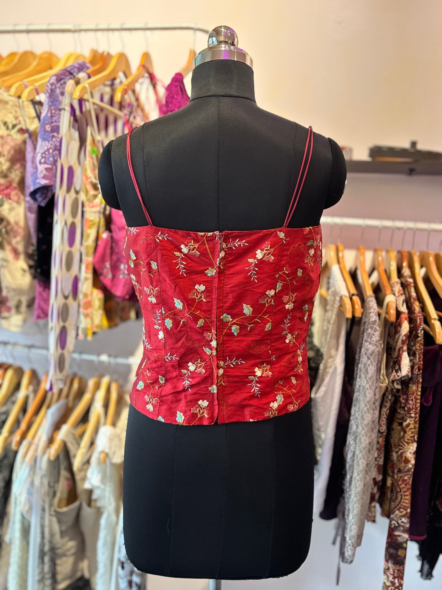 Red embroidered corset like top