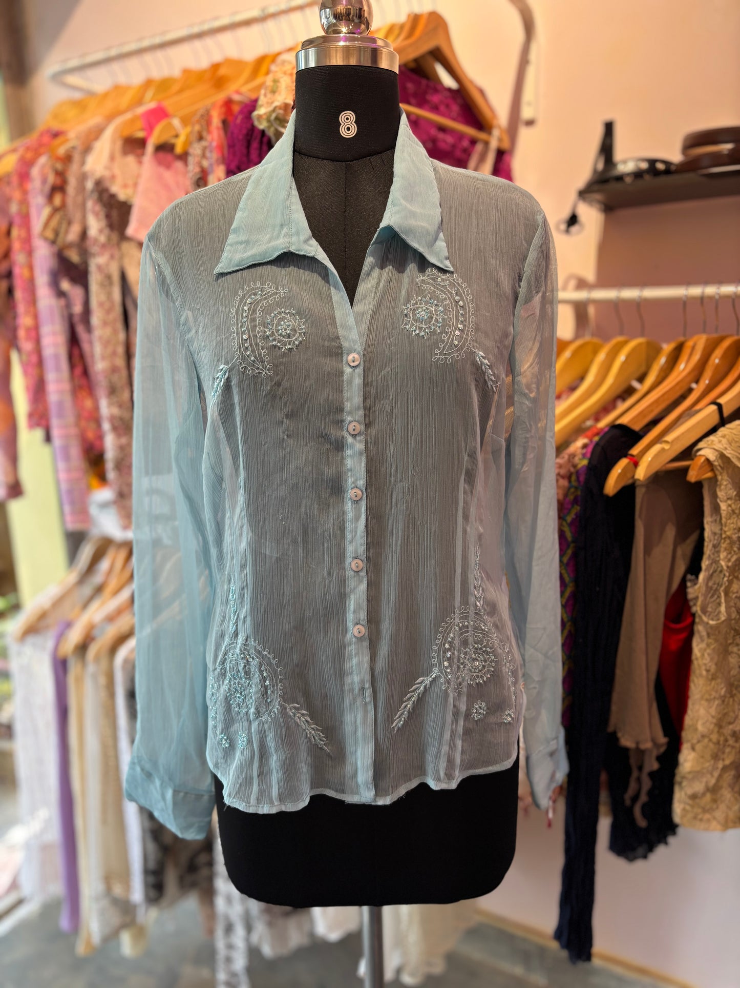 Aquamarine bead embroideredshirt