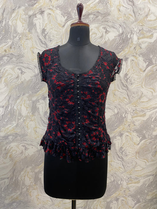 Red and black lacy top with hooks