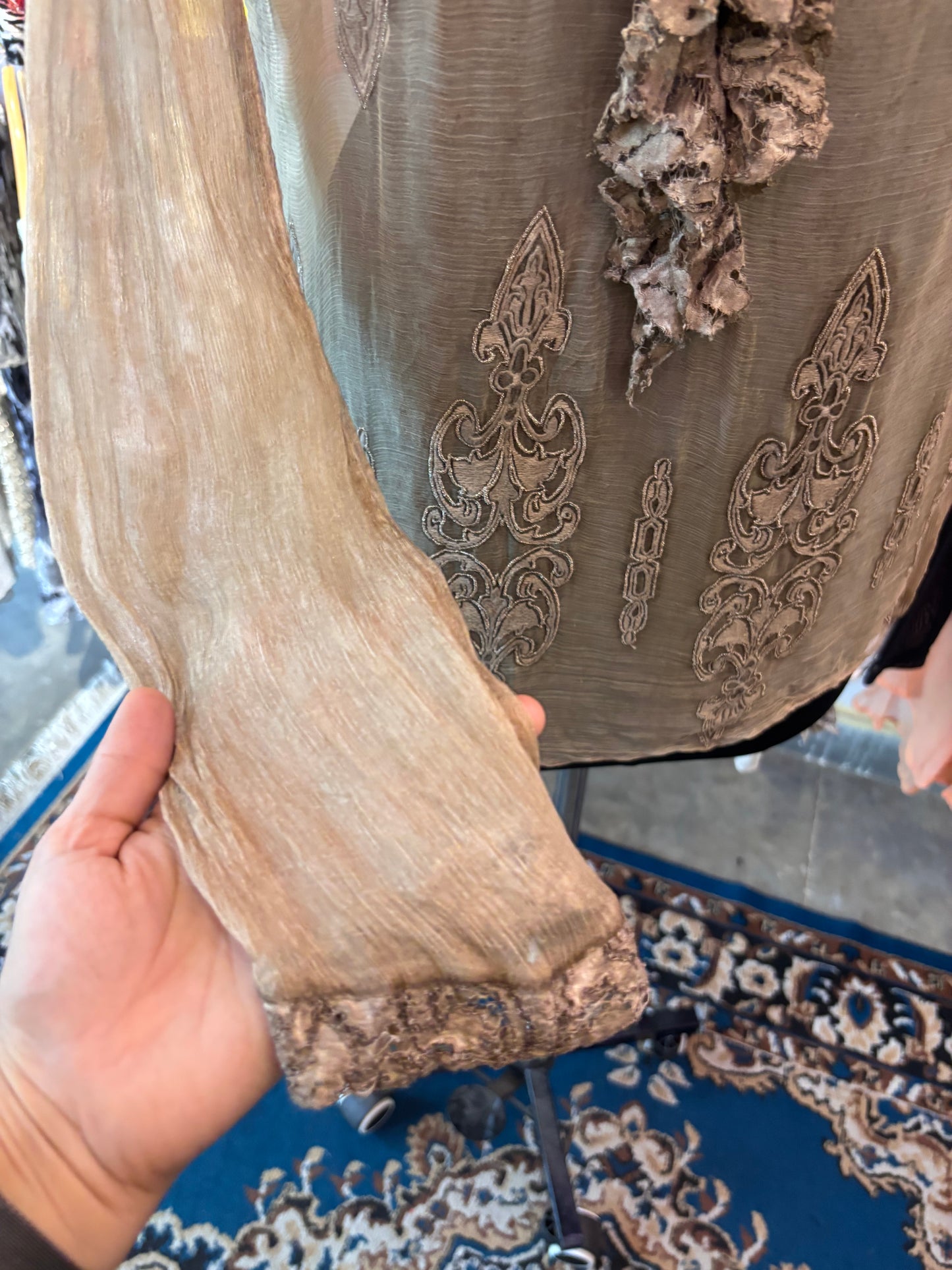 Super Vintage Silk Embroidered Tunic with Ornate Applique & Ruffle Trim