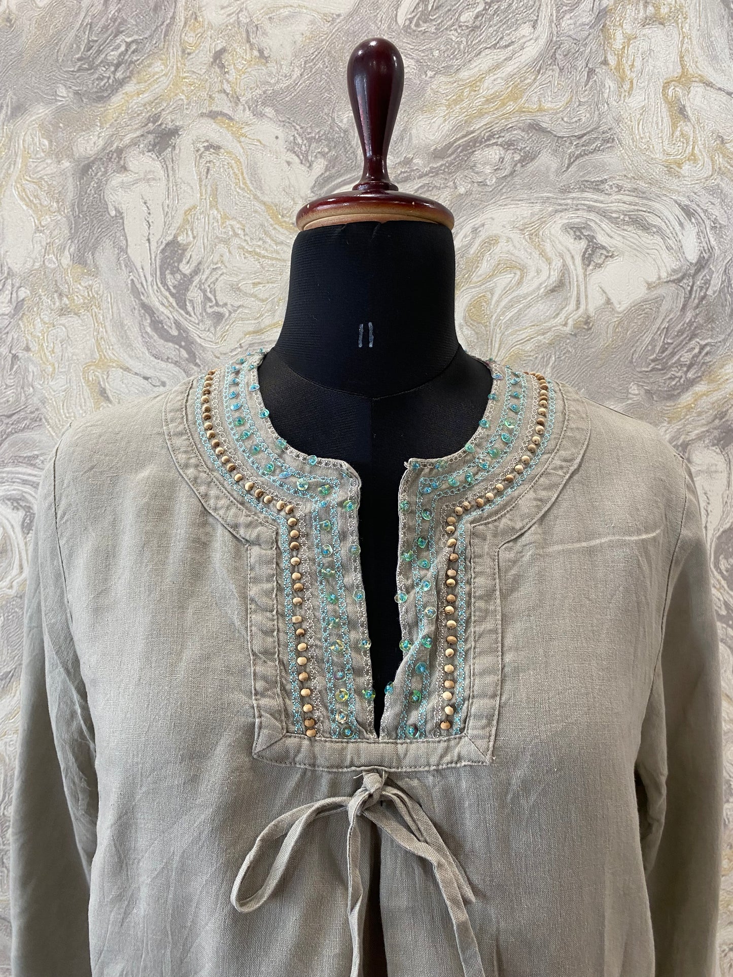 Grey linen with bead work neckline