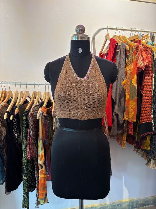 Cappuccino crochet sequin halter neck