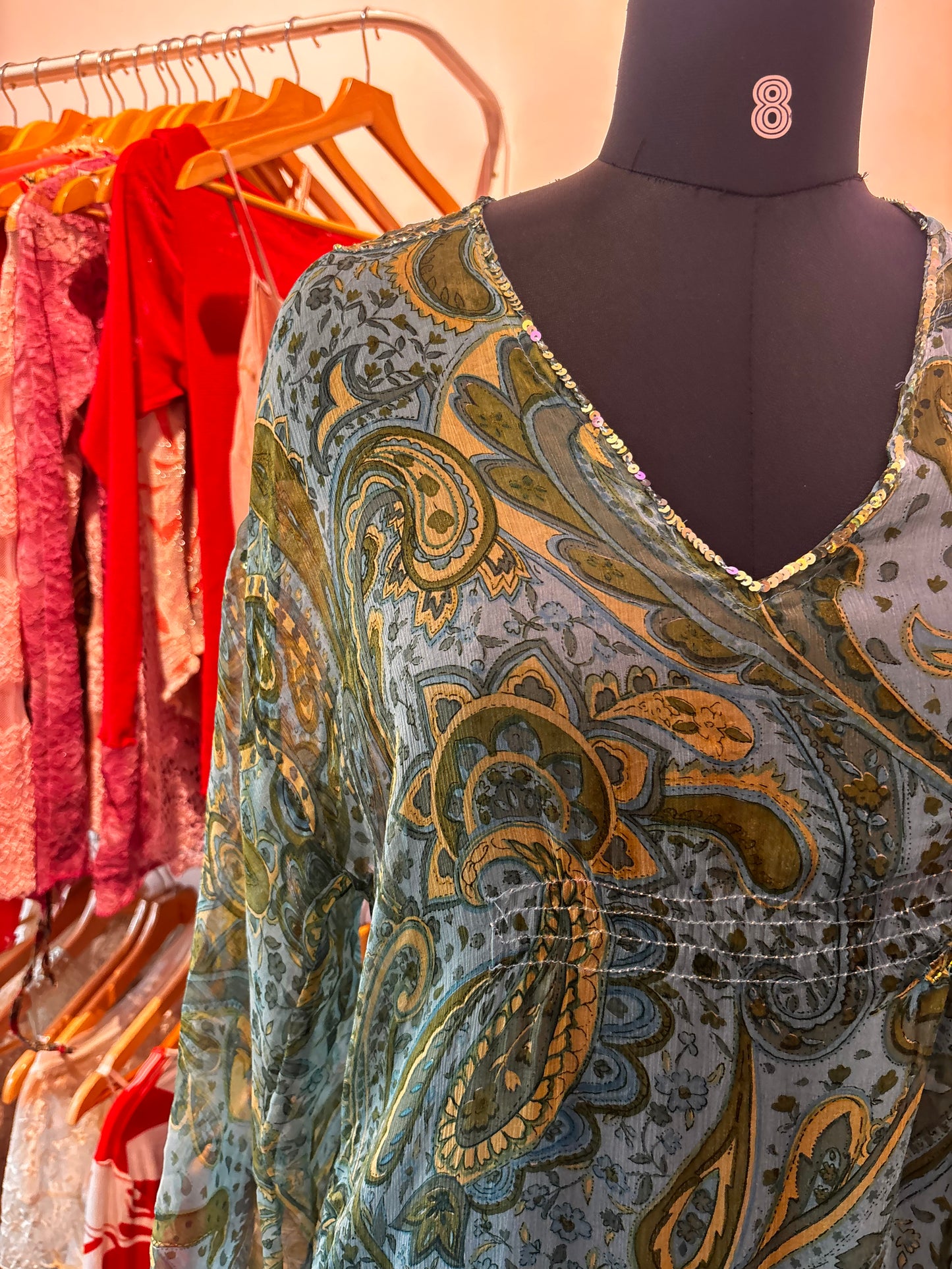 Paisley silk dress with sequins and bead work