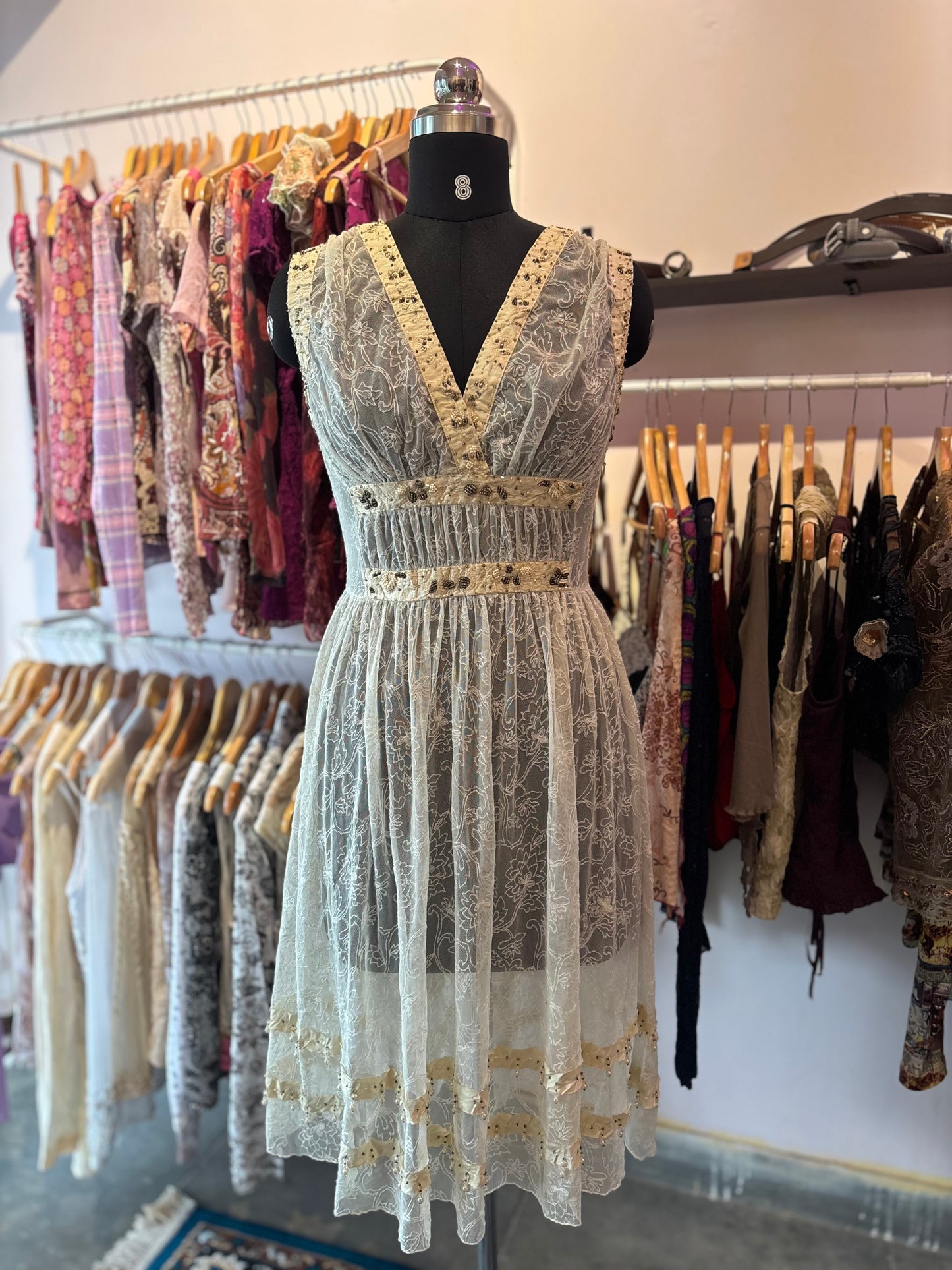 Timeless lacy dress with pearl and bead work