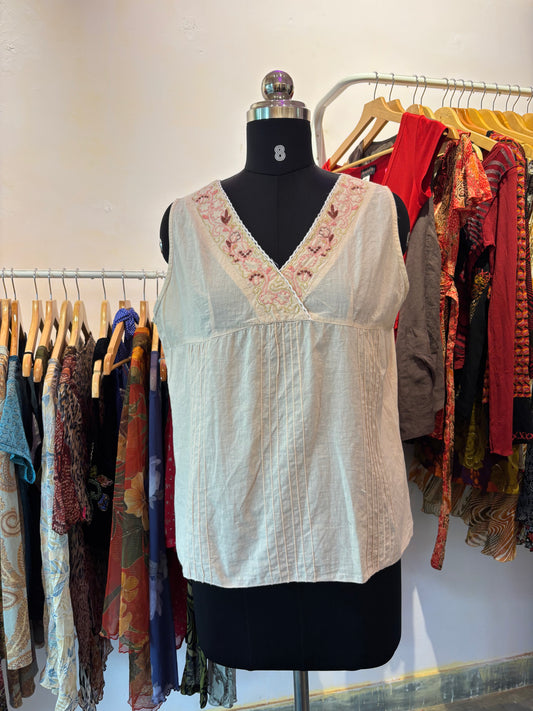 Embroidered neckline cotton top