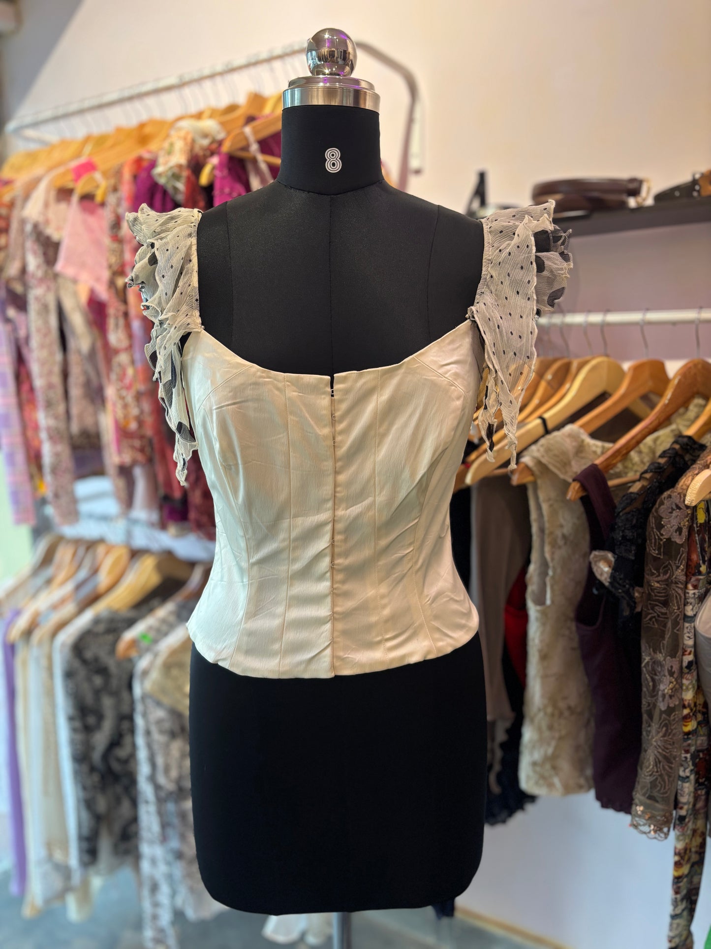 Vintage beige corset with polka sleeves