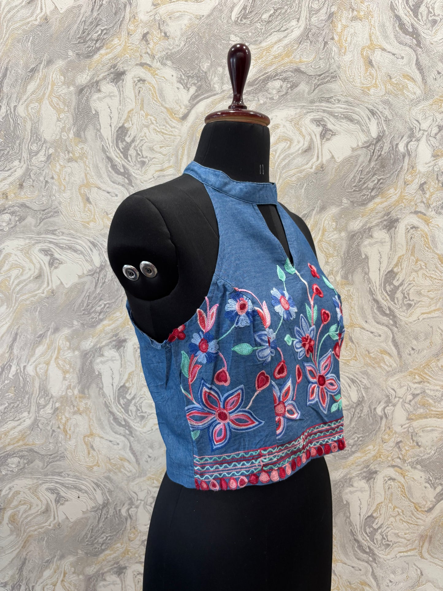 Embroidered denim top