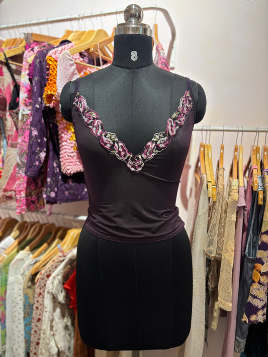 Purple embroidered neck cami