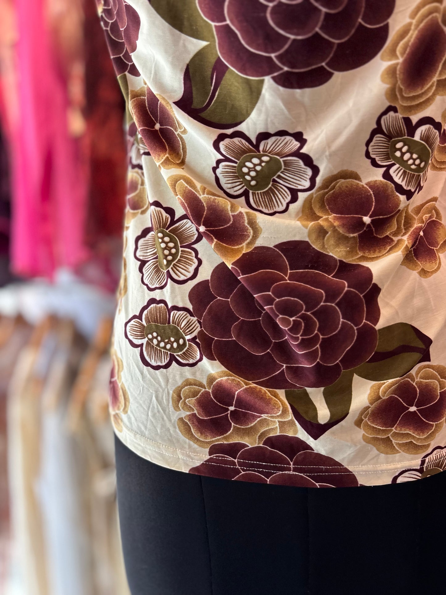 Purple flower cowl neck top