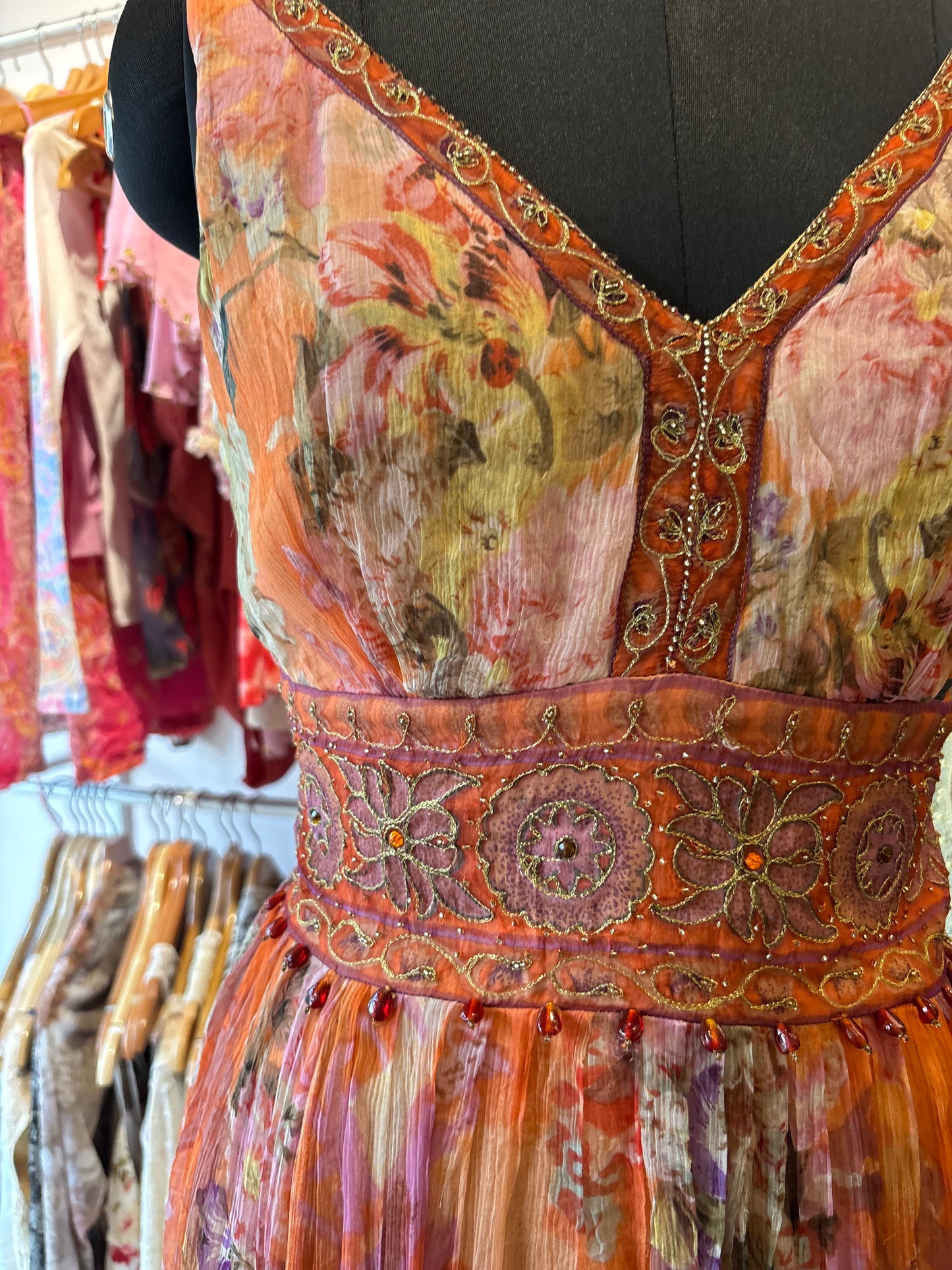 Celestial floral dress with dew drops and gold thread work