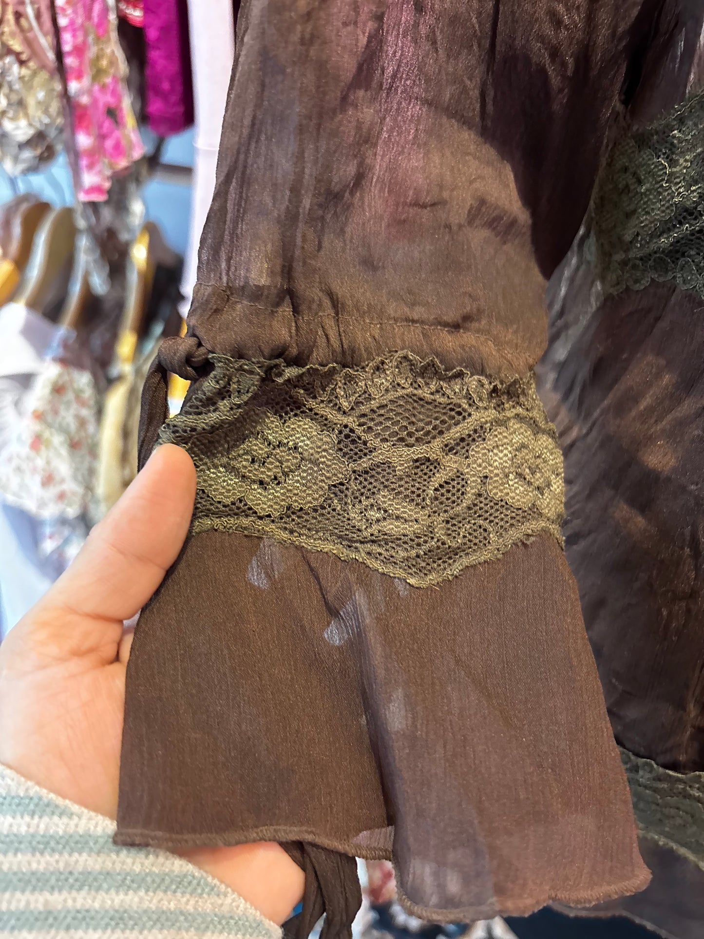 Coffee ruffle lacy shirt