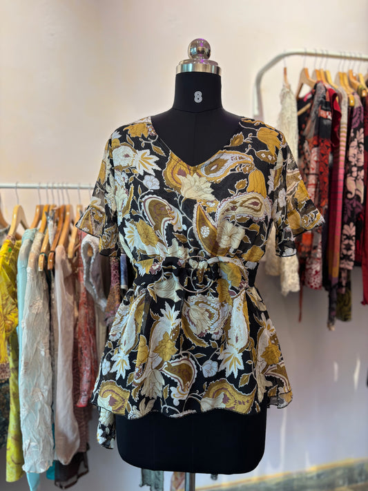 Y2k floral paisley top with belt buckle