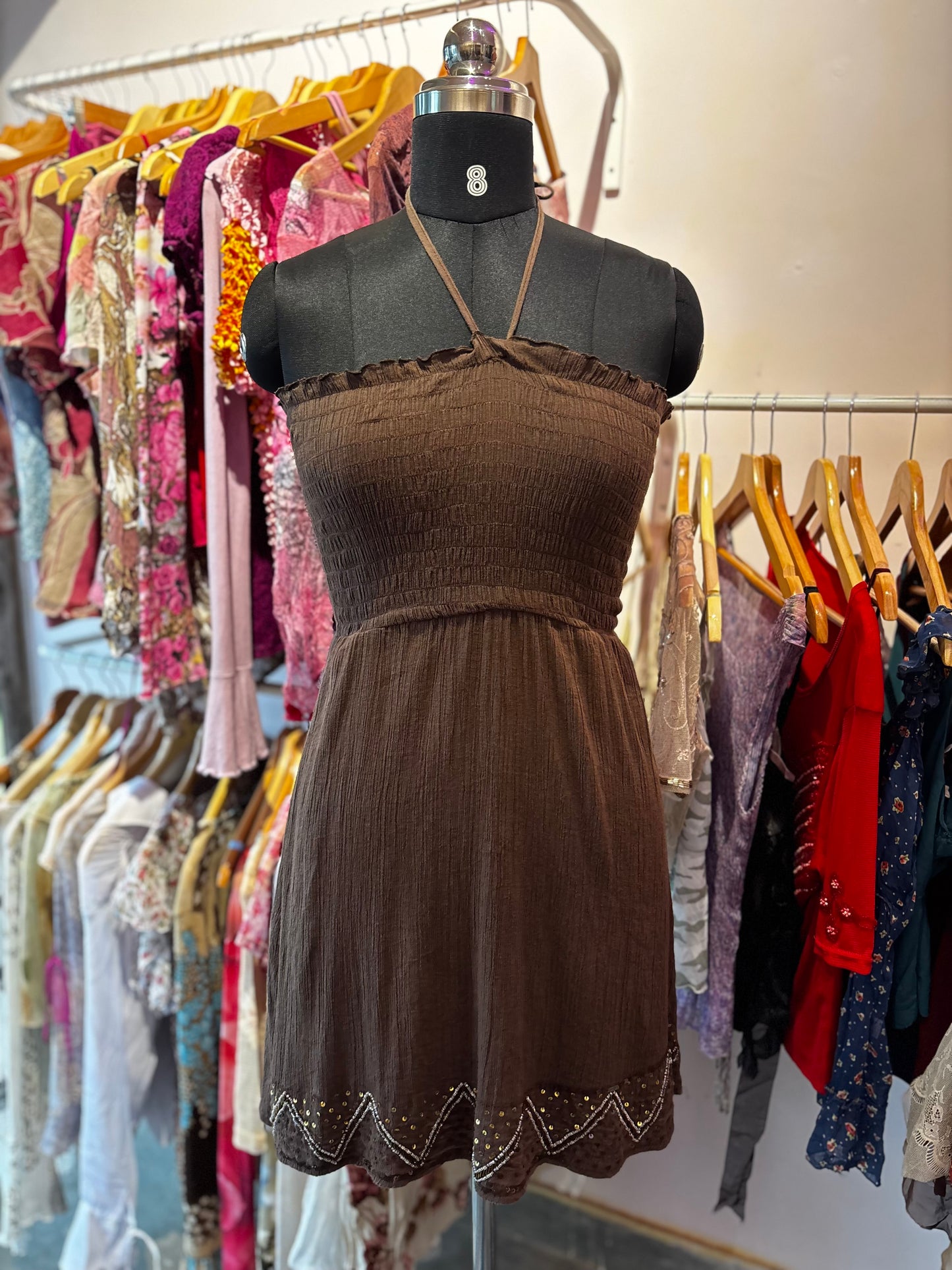Coffee halter neck dress with sequins details