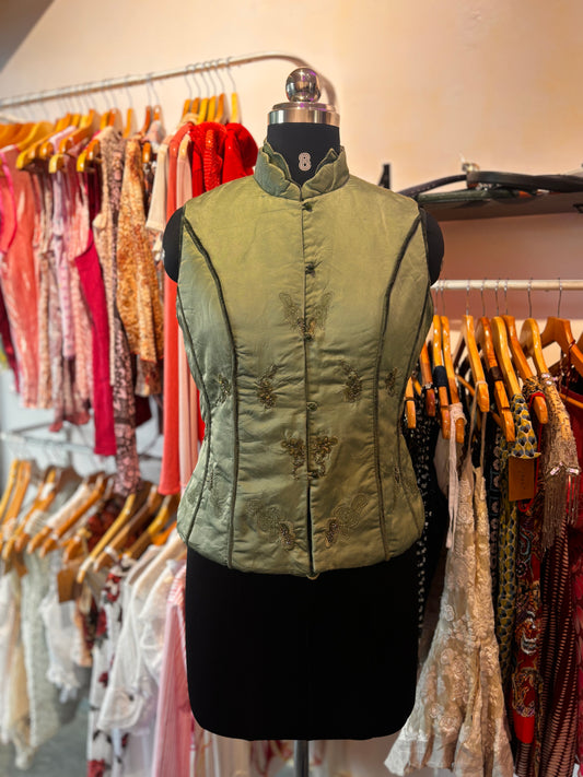 Super vintage olive vest with organza frills