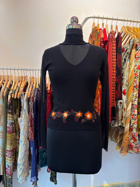 Black embroidered flowers top