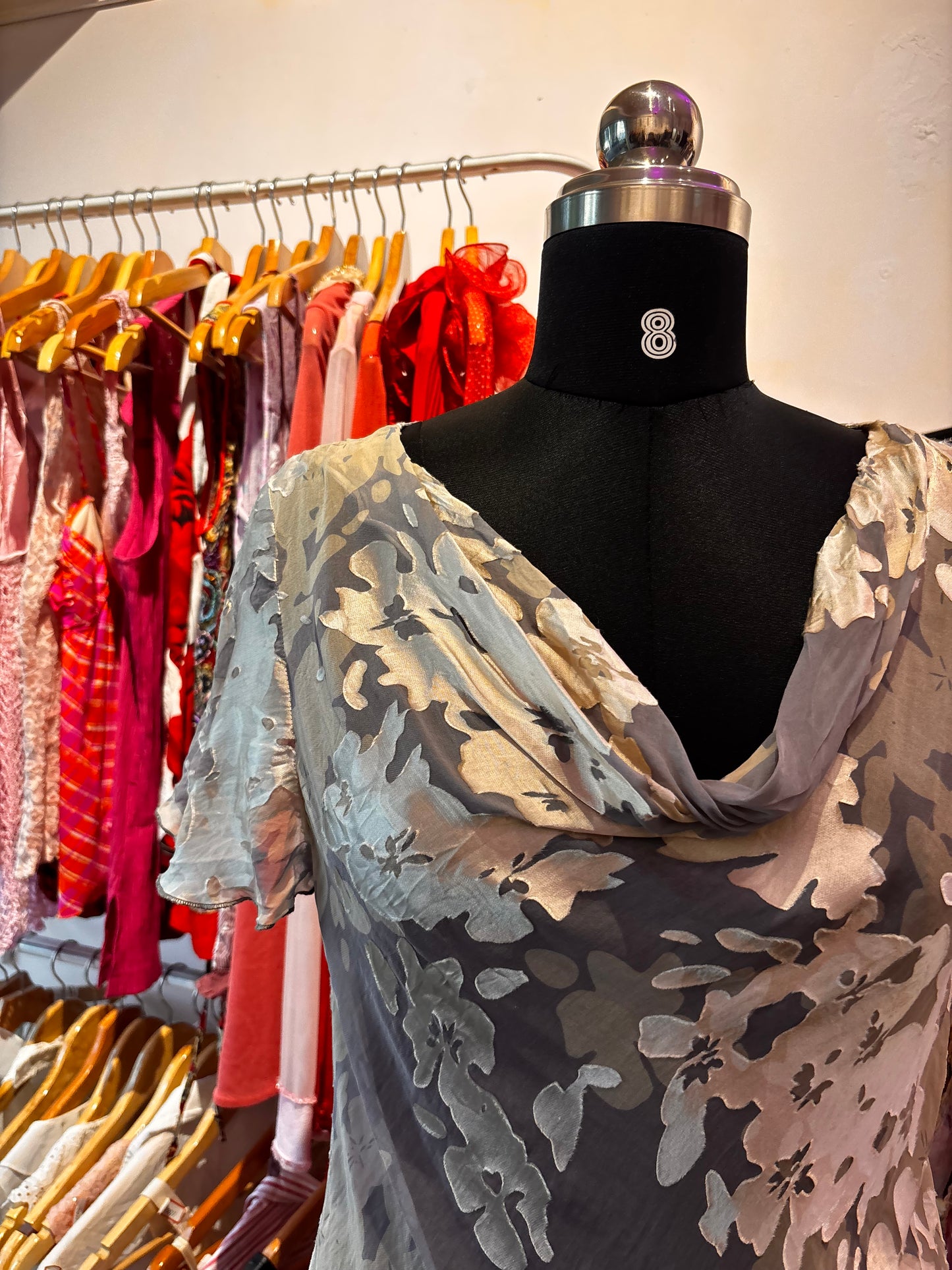 Cowl neck velvet print silk blouse