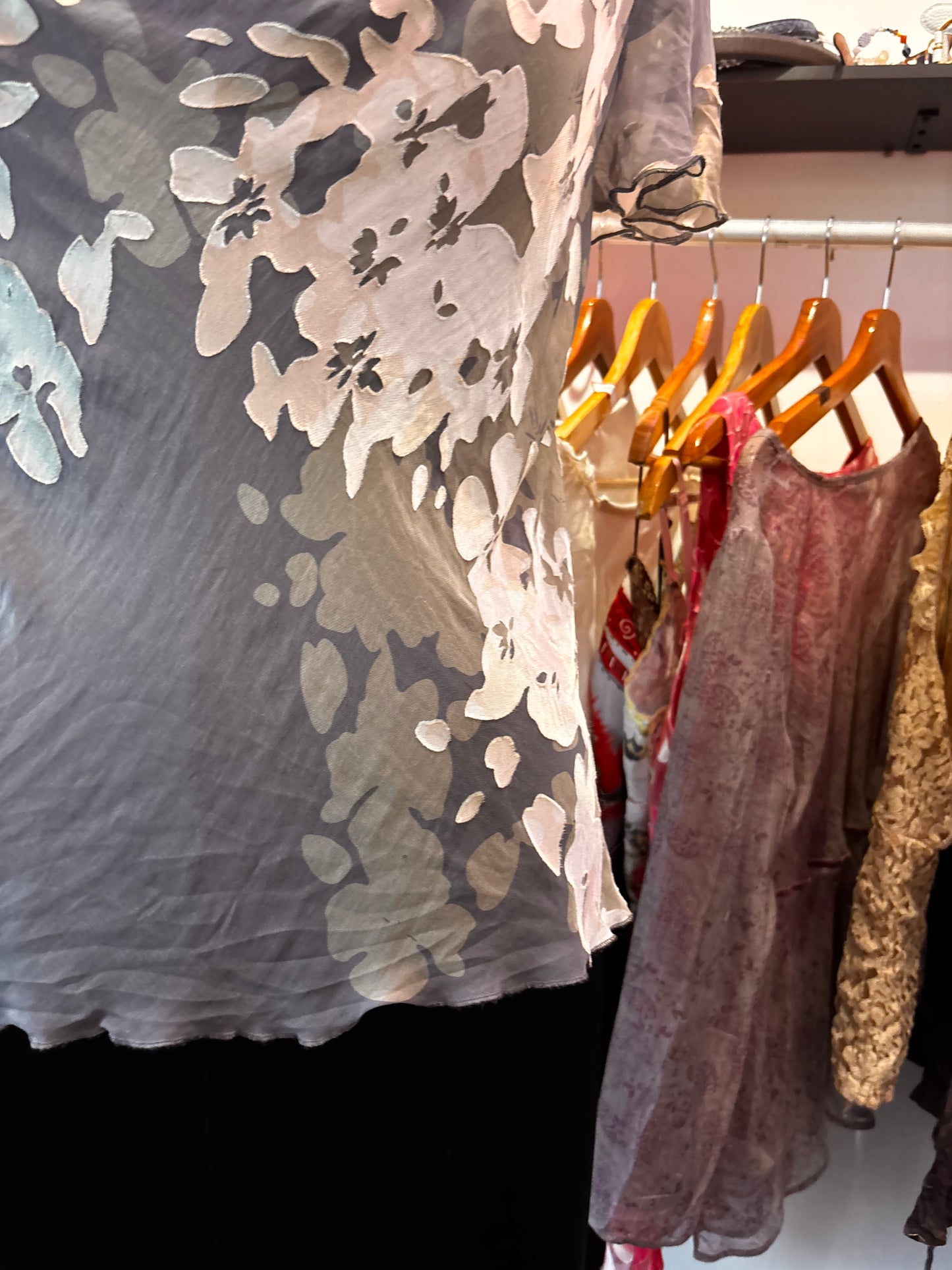 Cowl neck velvet print silk blouse
