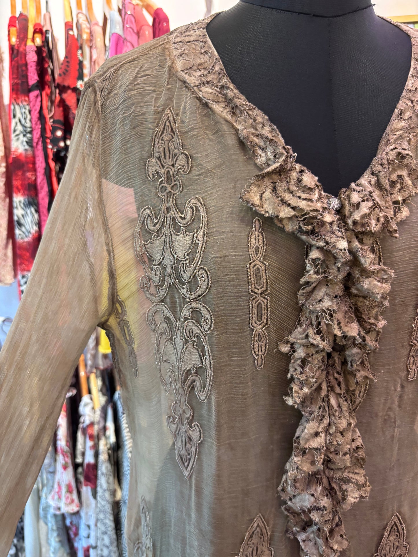 Super Vintage Silk Embroidered Tunic with Ornate Applique & Ruffle Trim