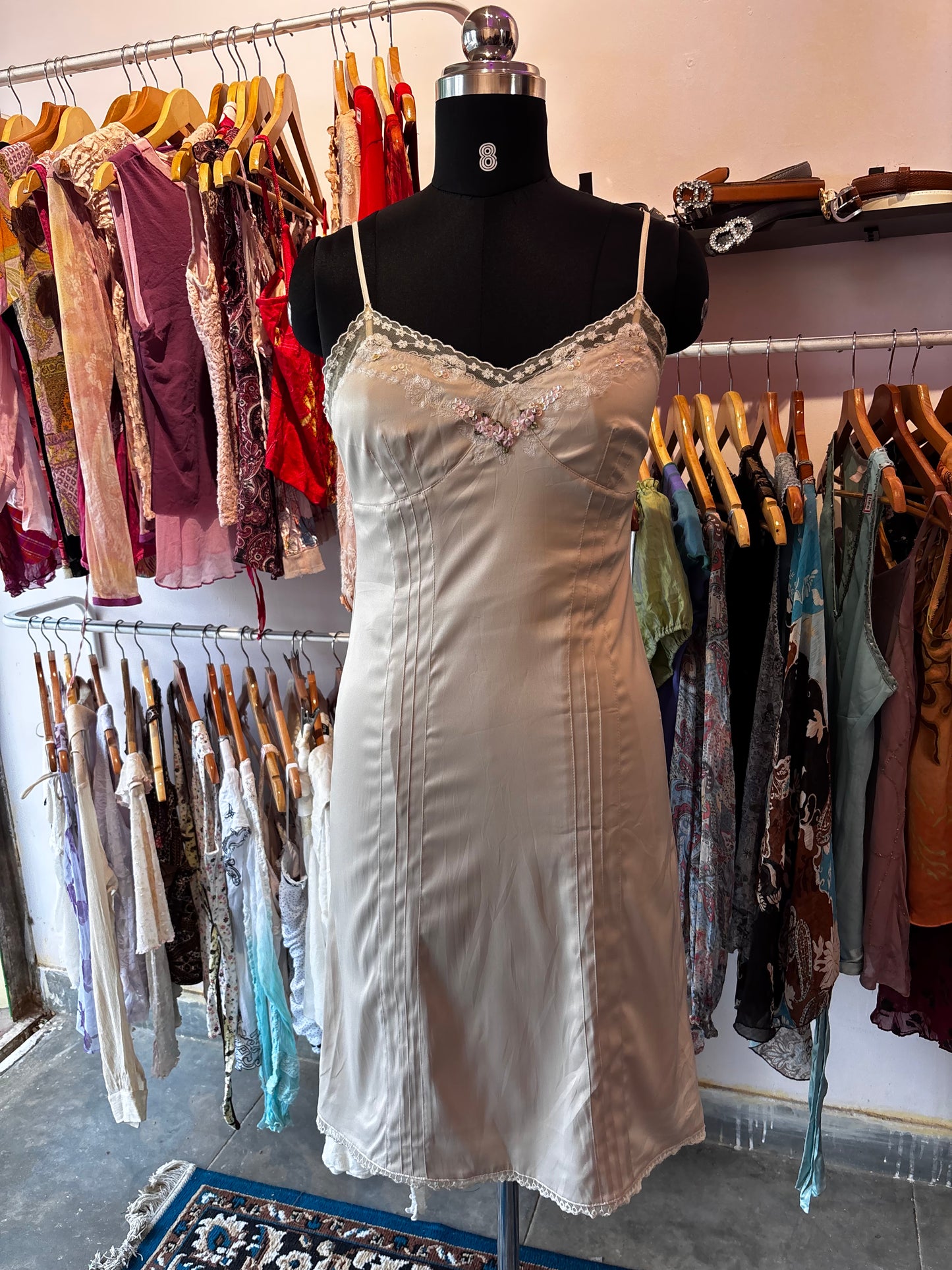 Rose embroidered lacy neck satin dress