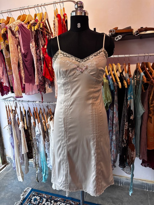 Rose embroidered lacy neck satin dress