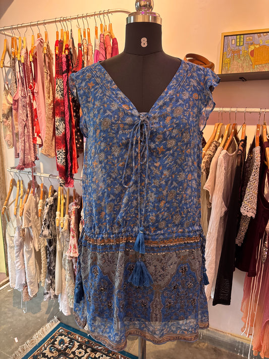 Blue Bohemian Floral Tassel Tunic
