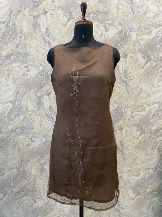 Olive silk embroidered dress