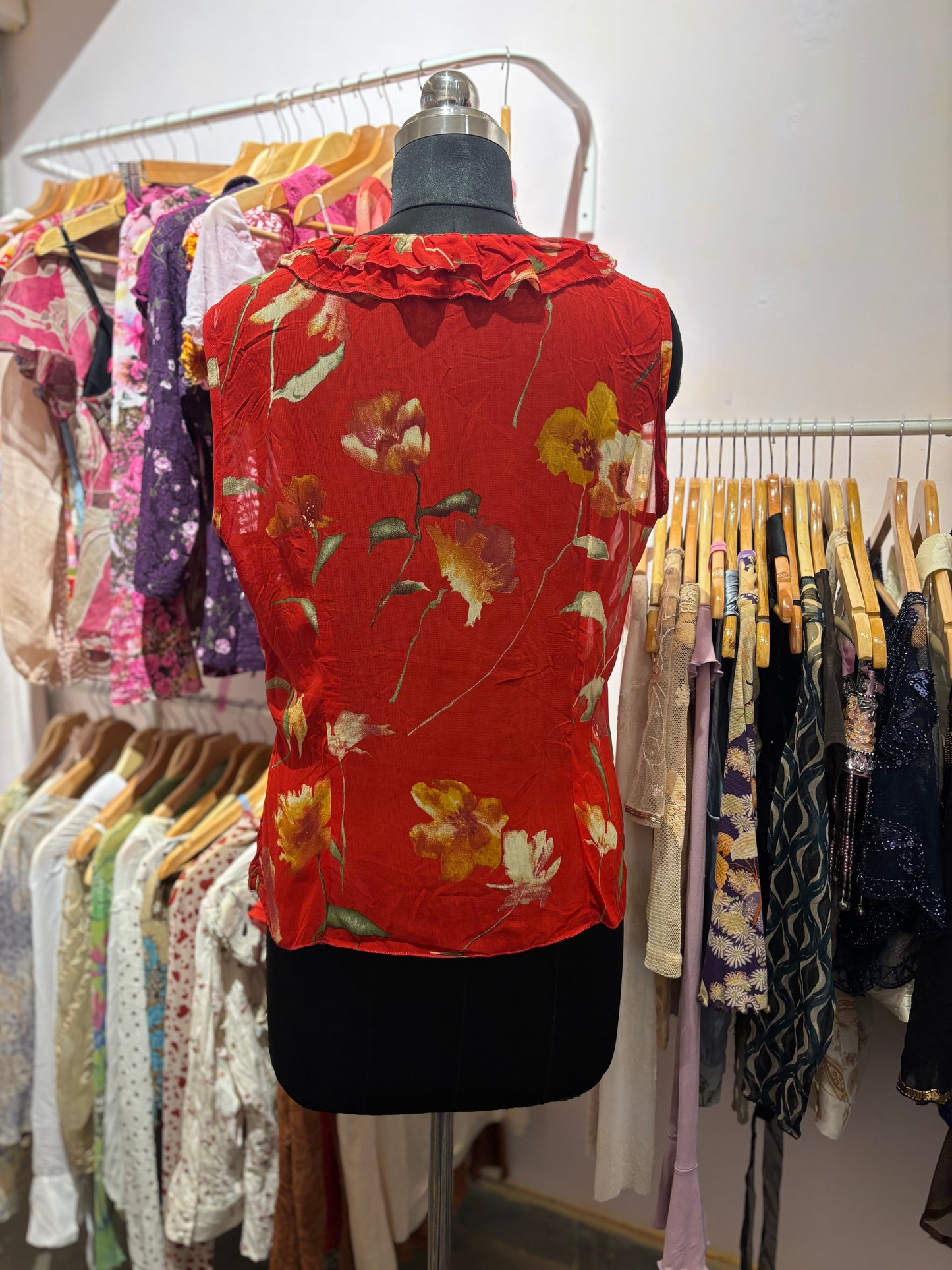 Red floral ruffle top