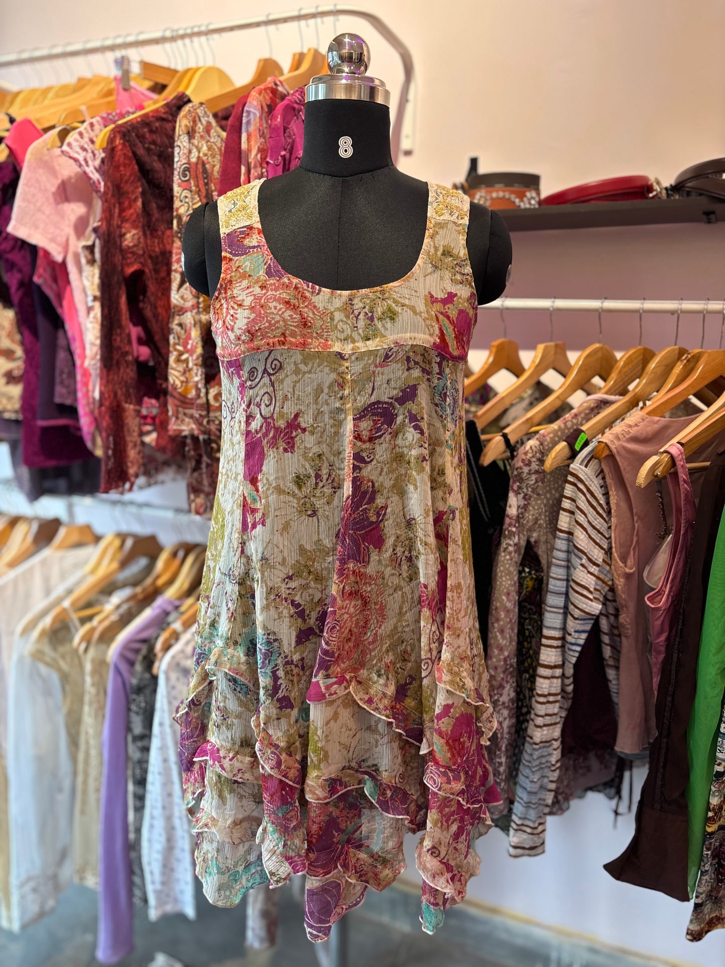 Vintage ruffle dress with bead work on shoulders