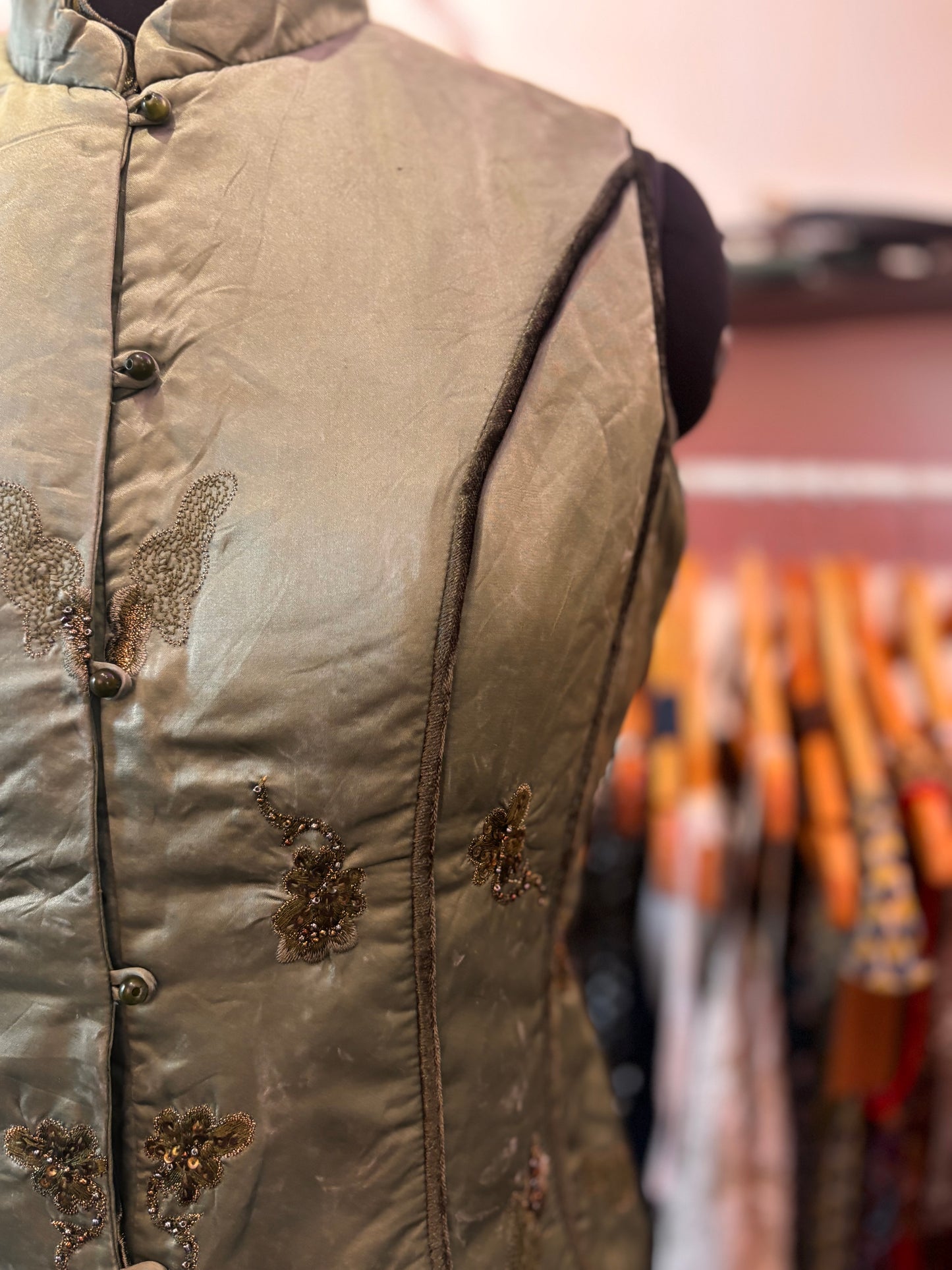 Super vintage olive vest with organza frills