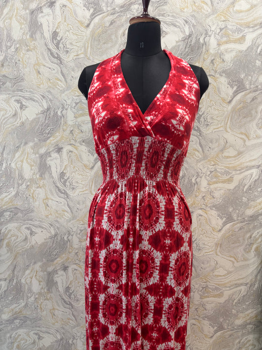 Red shibori halter neck dress