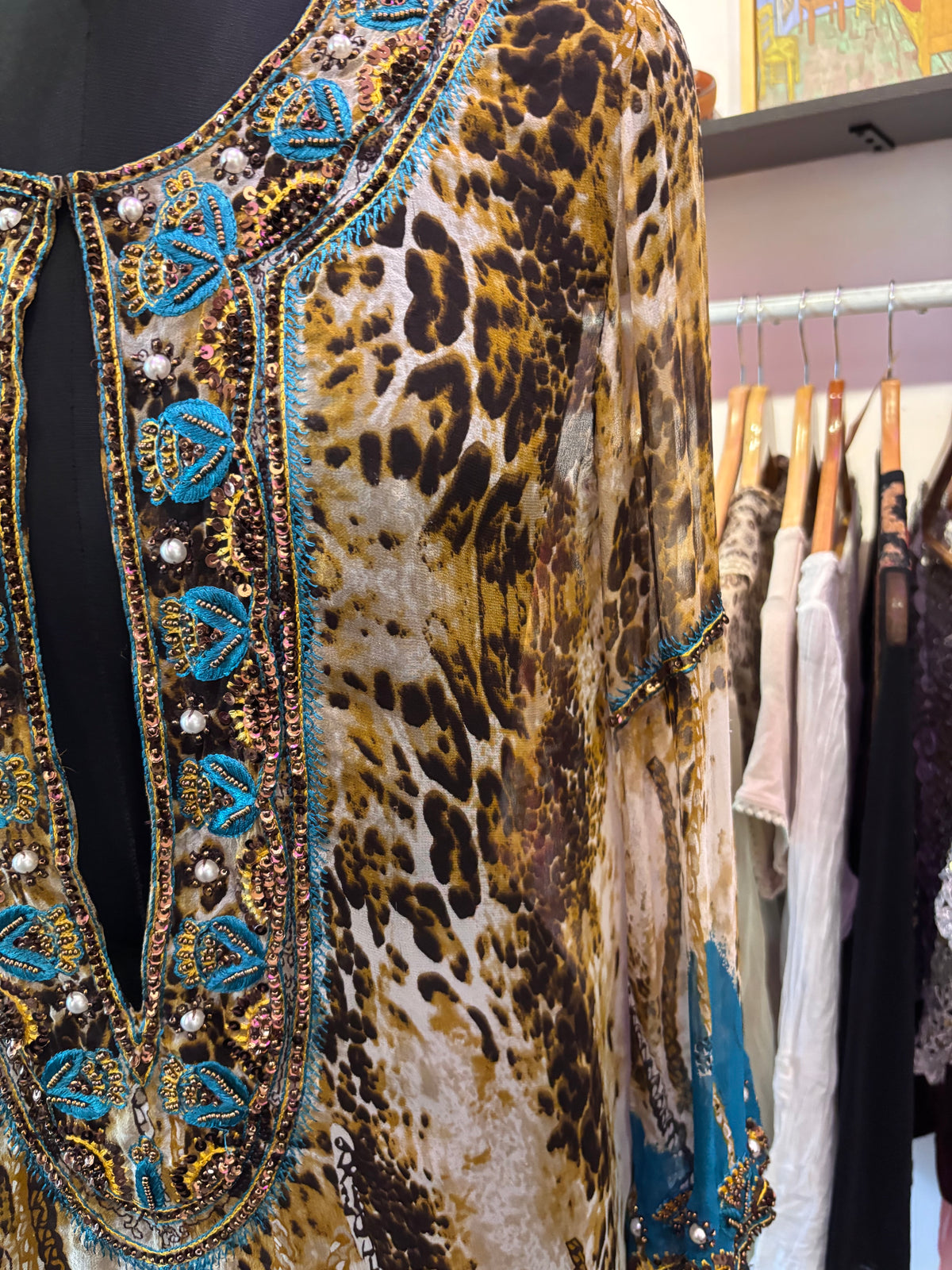Rare find! Leopard with embroidery beads silk top