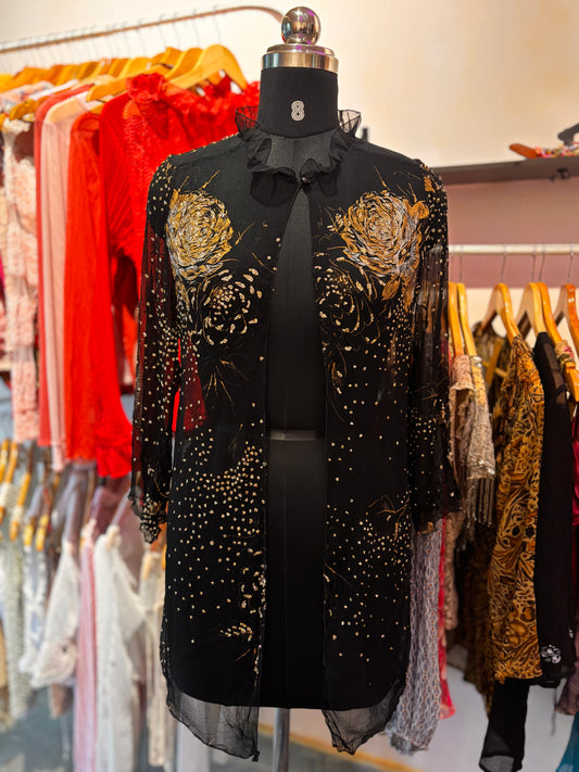 Golden rose silk overwear with Victorian collar.