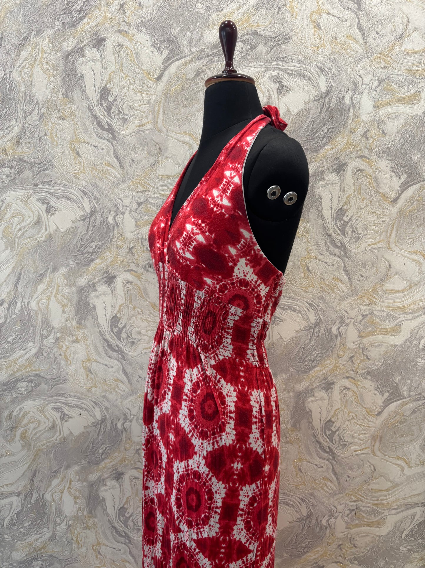 Red shibori halter neck dress