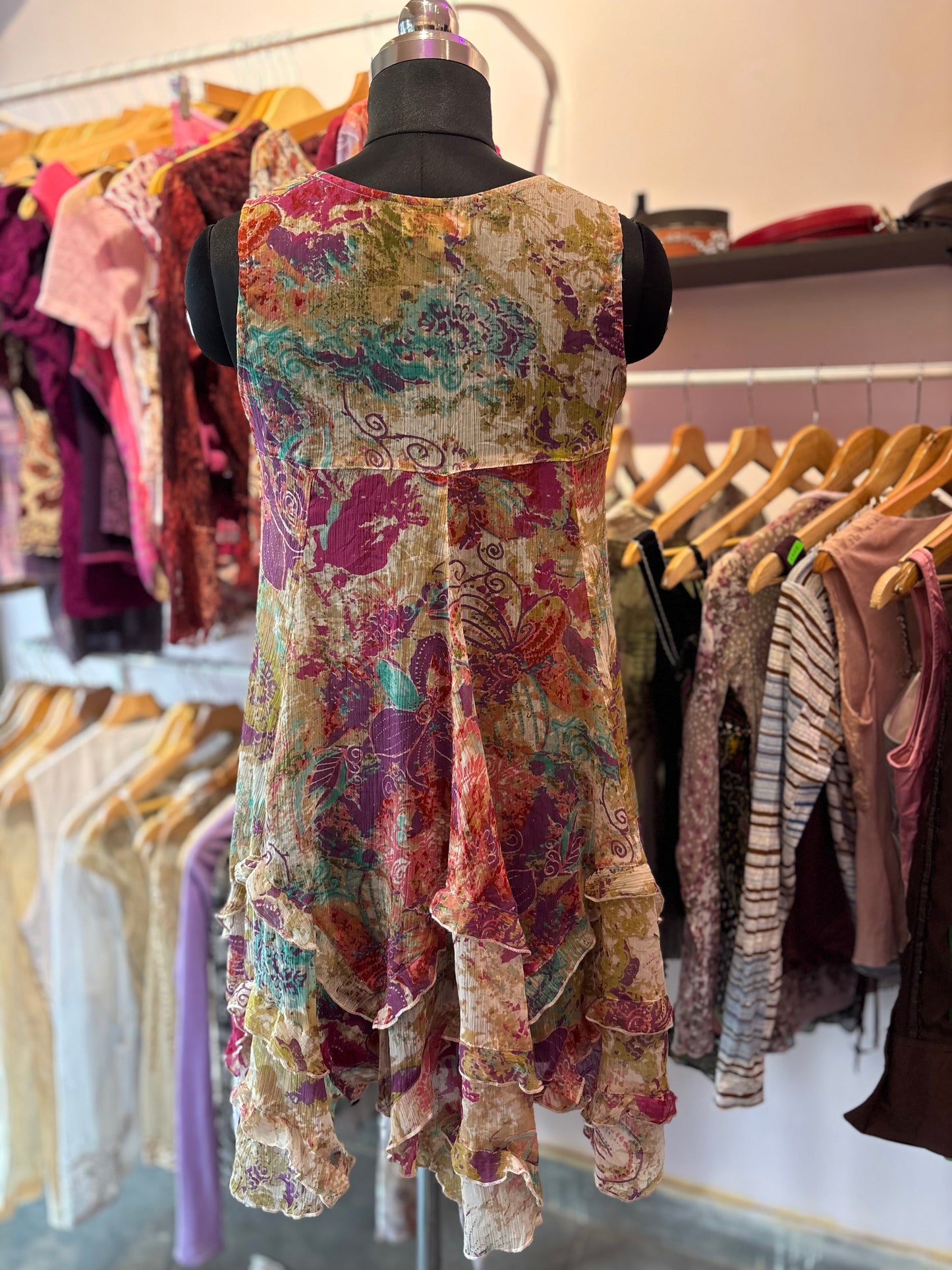Vintage ruffle dress with bead work on shoulders