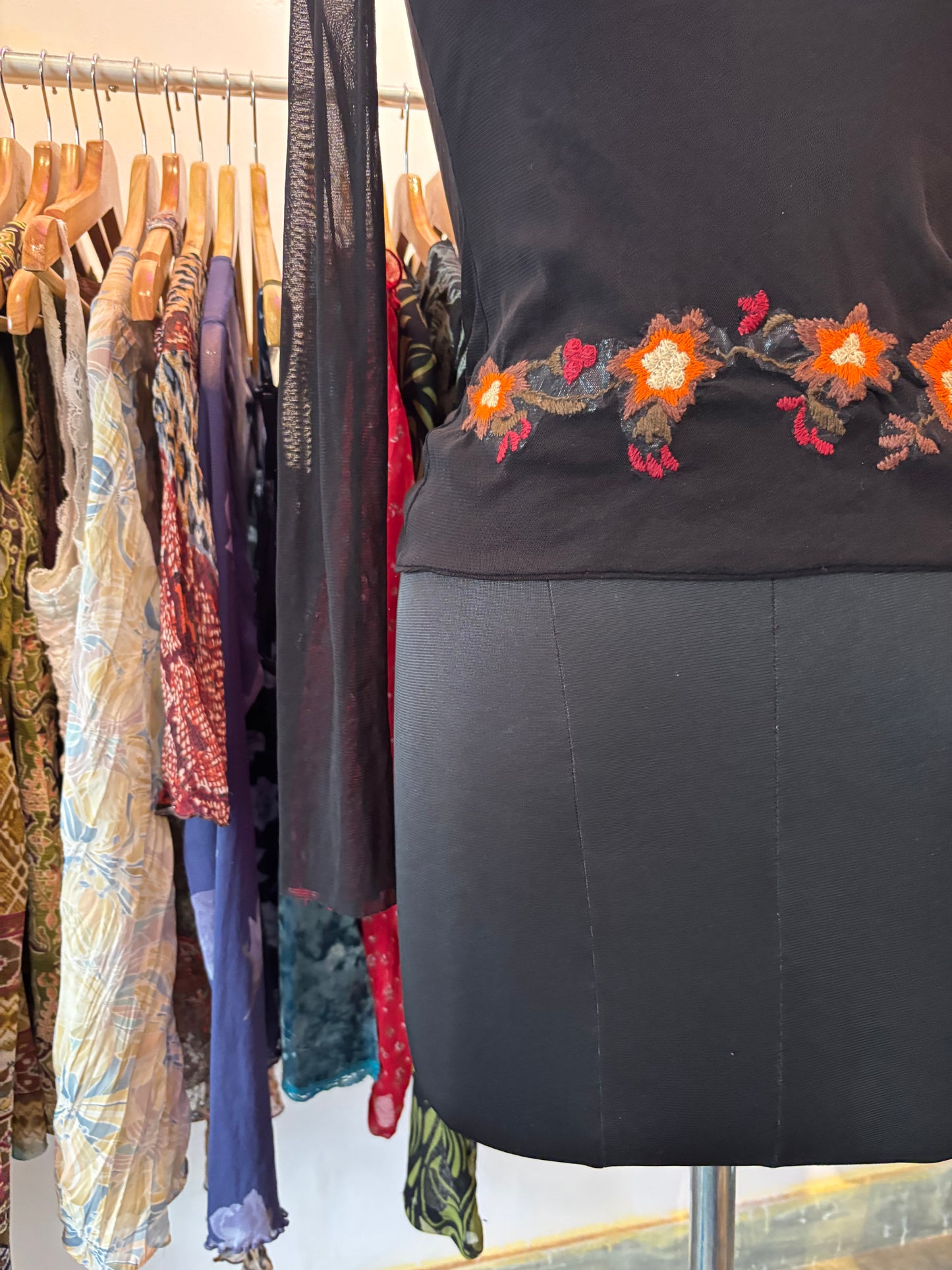 Black embroidered flowers top