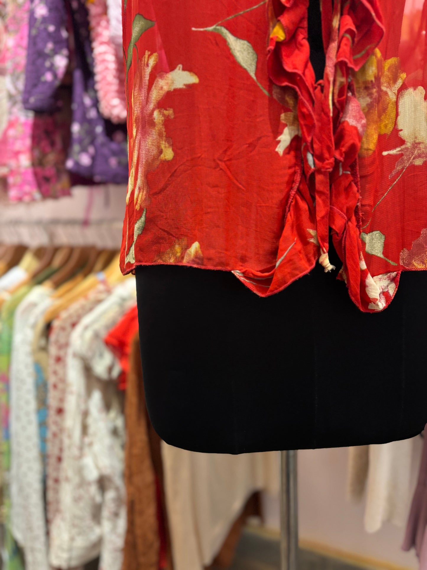 Red floral ruffle top