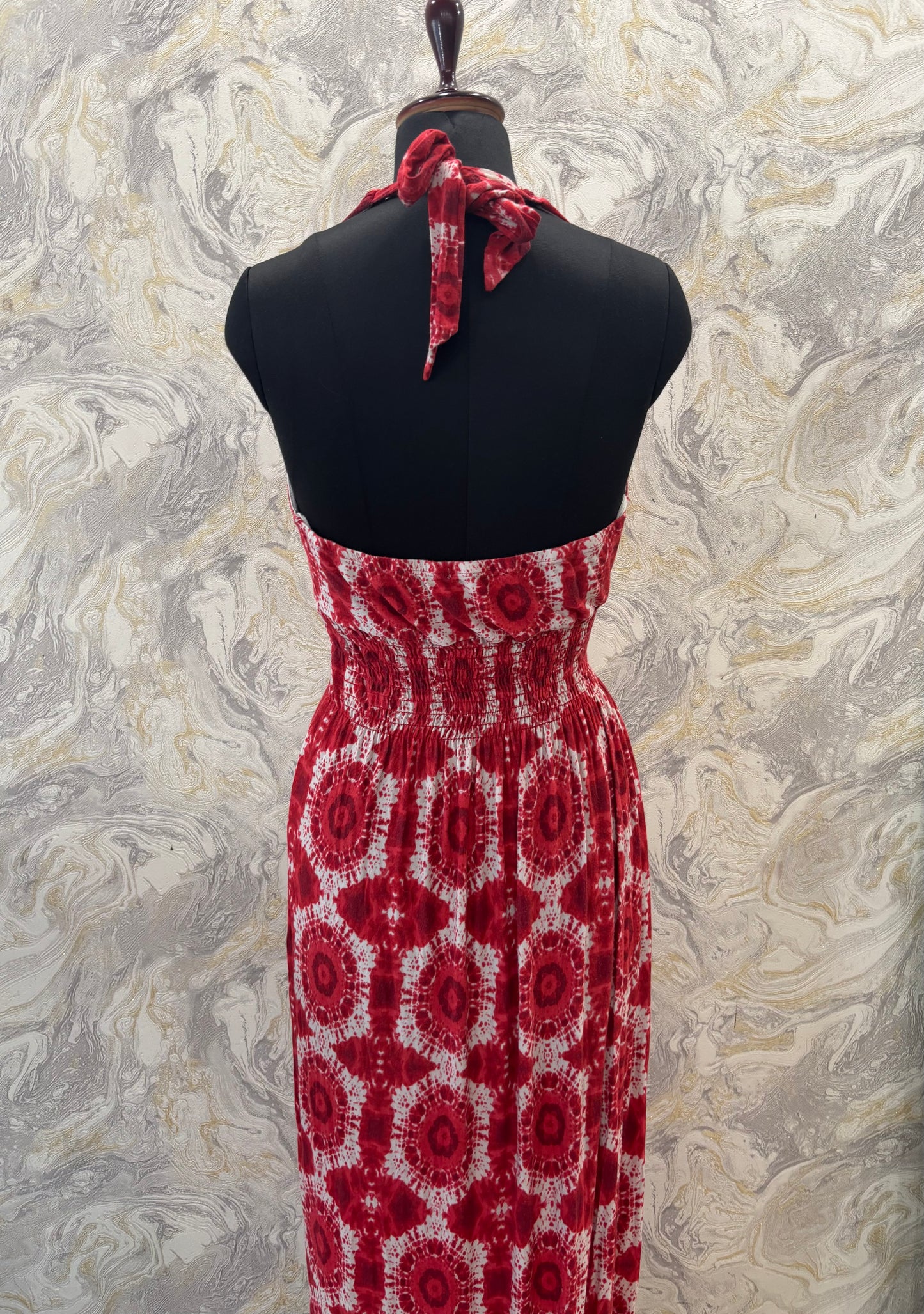 Red shibori halter neck dress