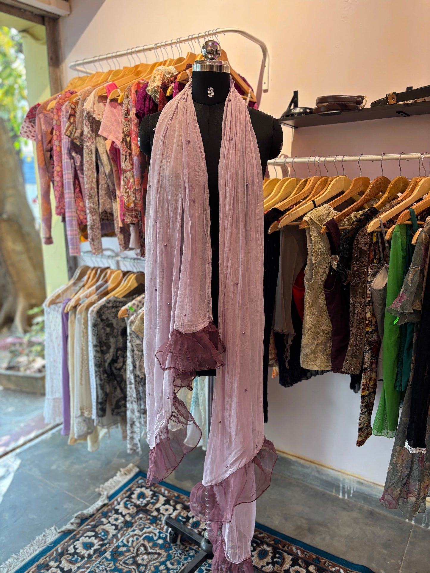 Purple scarf with pearl details and organza frill at the end