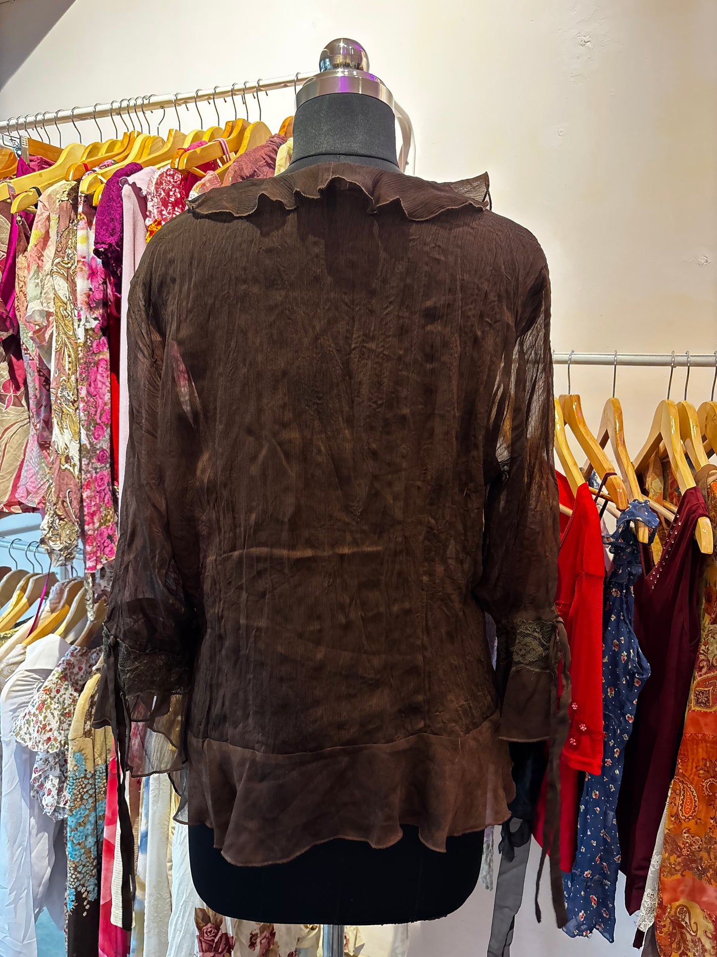 Coffee ruffle lacy shirt