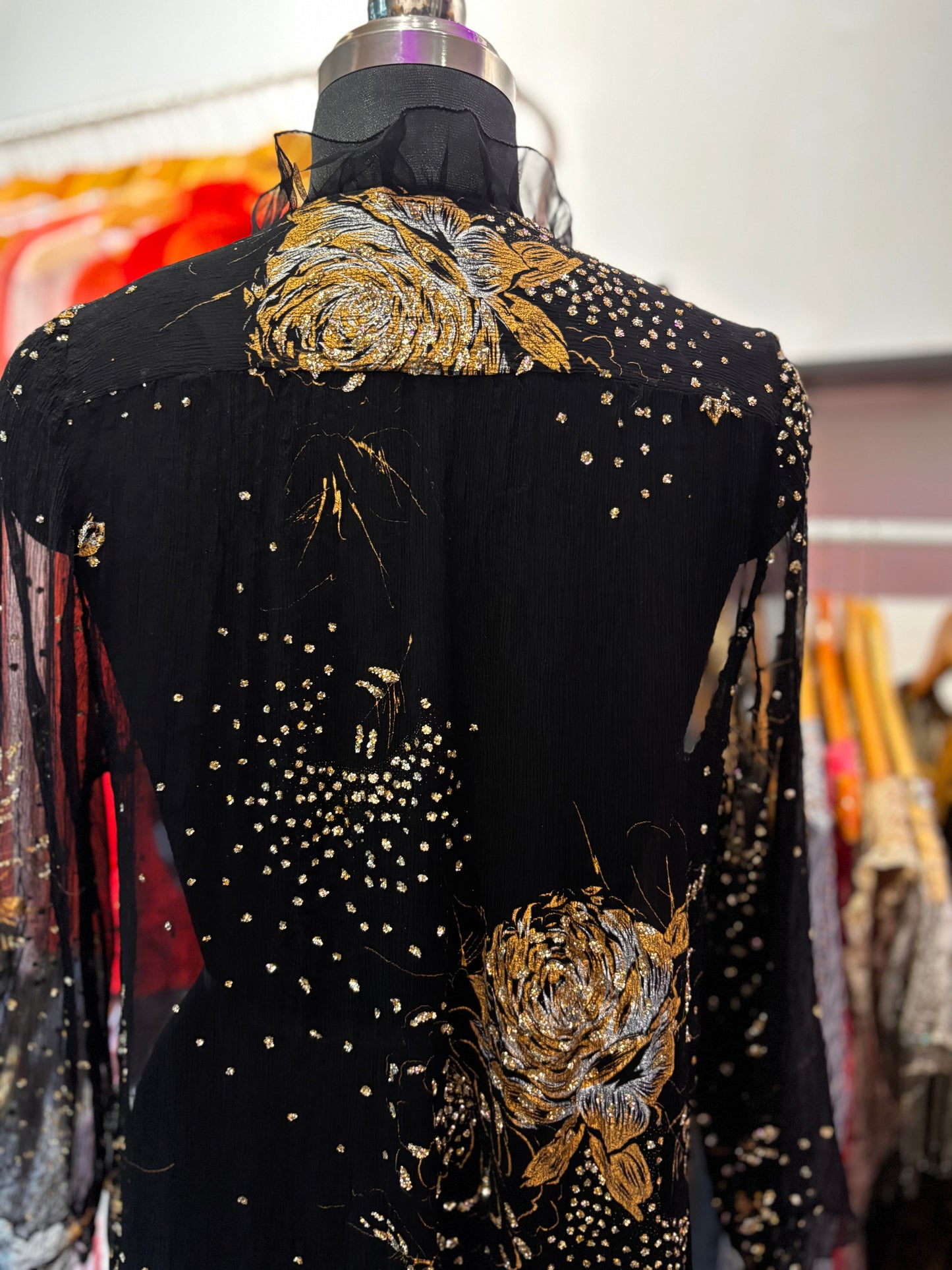 Golden rose silk overwear with Victorian collar.