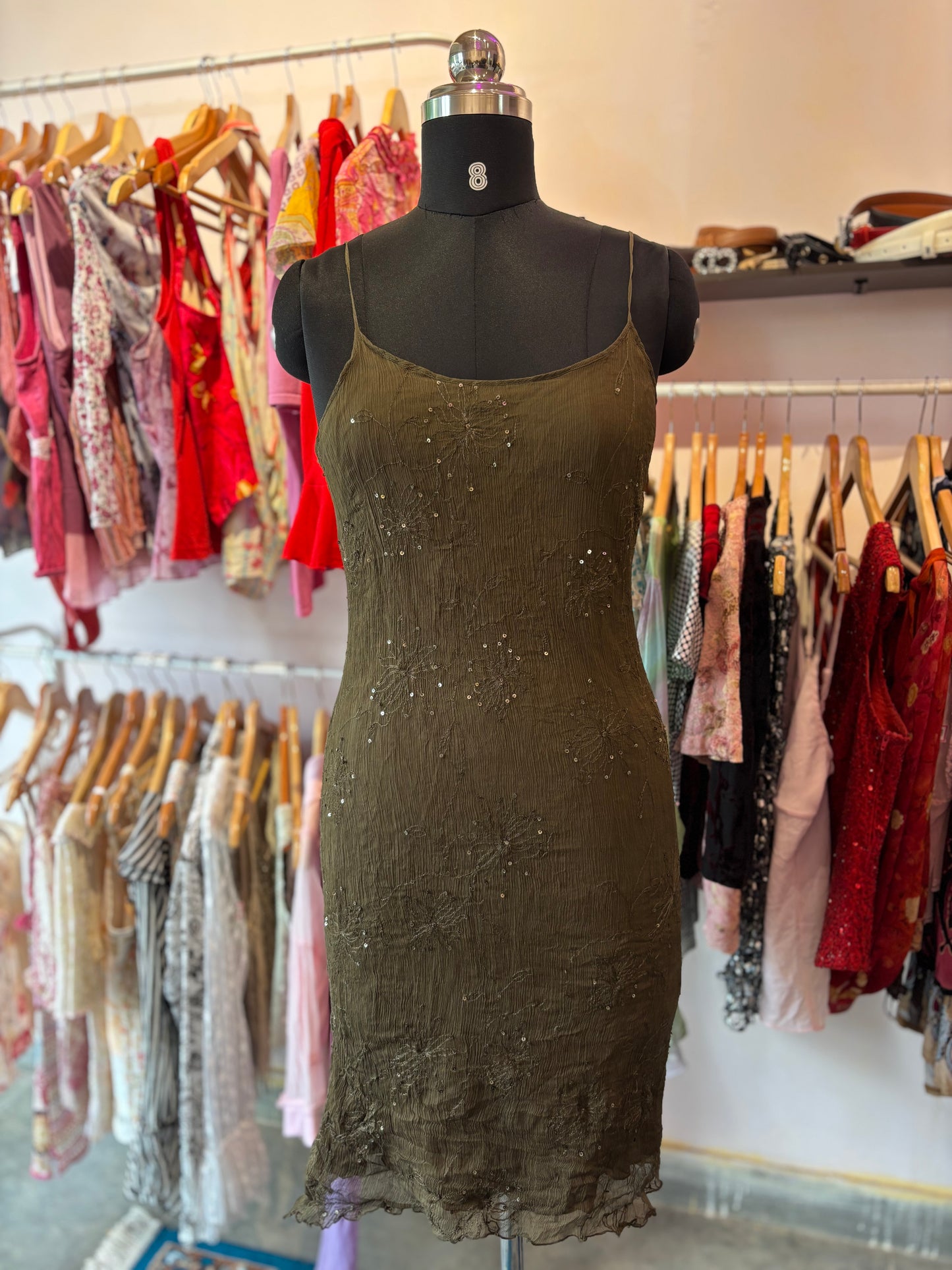 Olive silk sequins dress