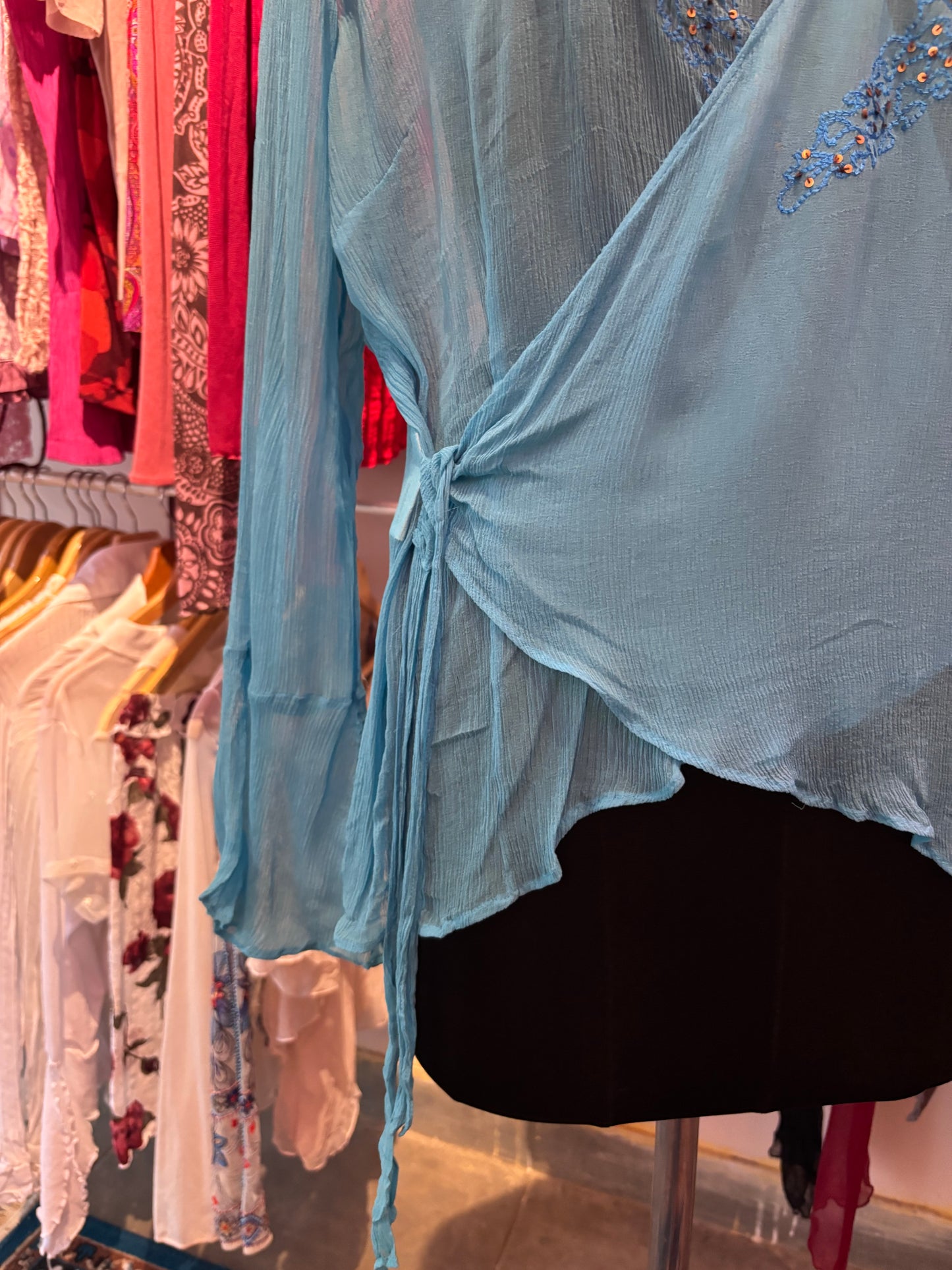 Blue embroidered wrap silk top
